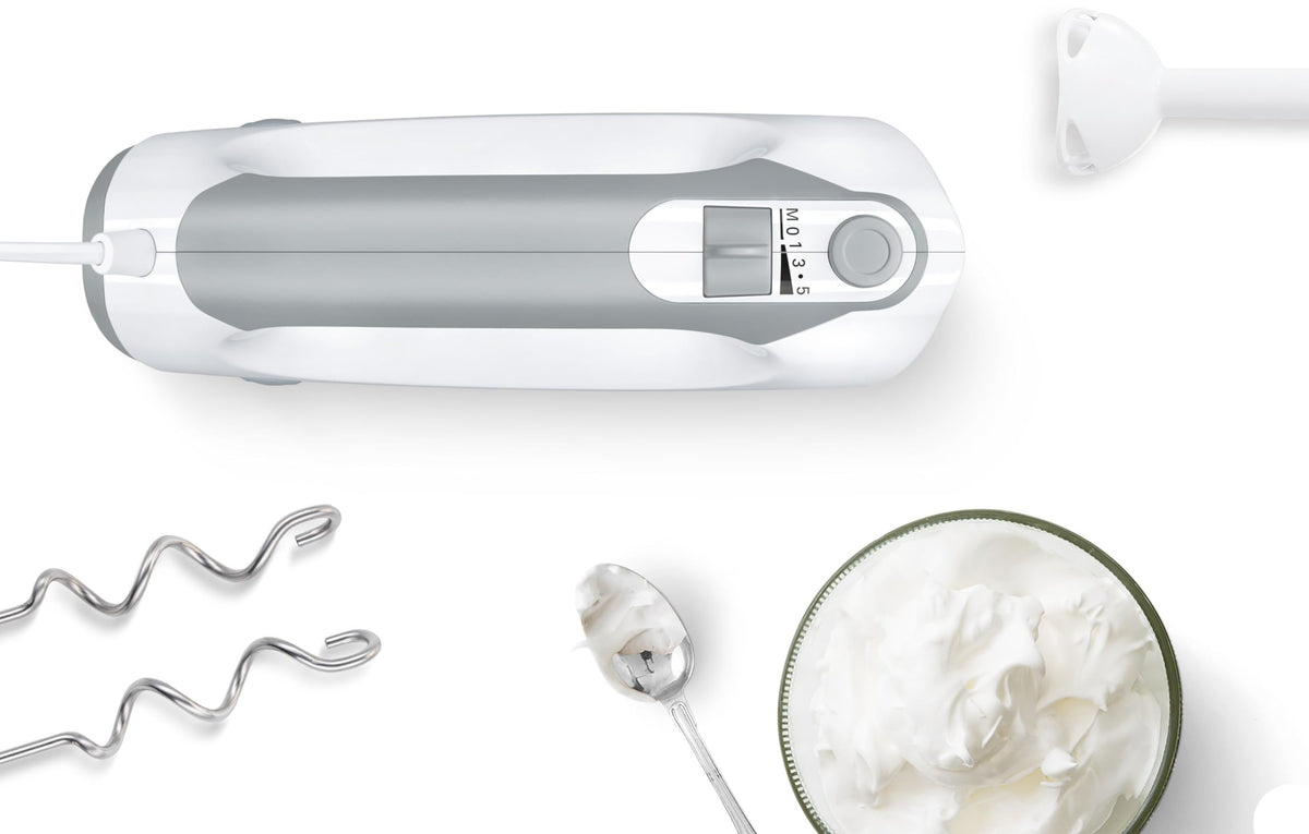 Dispozitiv de mixare Bosch, 2 palete de amestecare, 2 cârlige de frământare, din oțel inoxidabil, lavabil în mașina de spălat vase, blender, pahar de mixare, 5 trepte plus funcție turbo, 450 W, alb, ErgoMixx MFQ36440