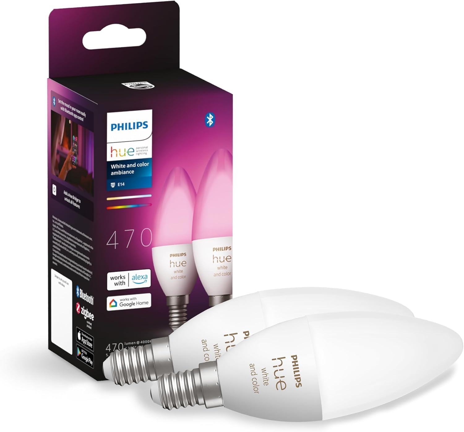 Philips Hue White & Color Ambiance E14 LED lamp, pack of 2, dimmable, up to 16 million colors, controllable via app, compatible with Amazon Alexa (Echo Echo Dot) - 929002294205
