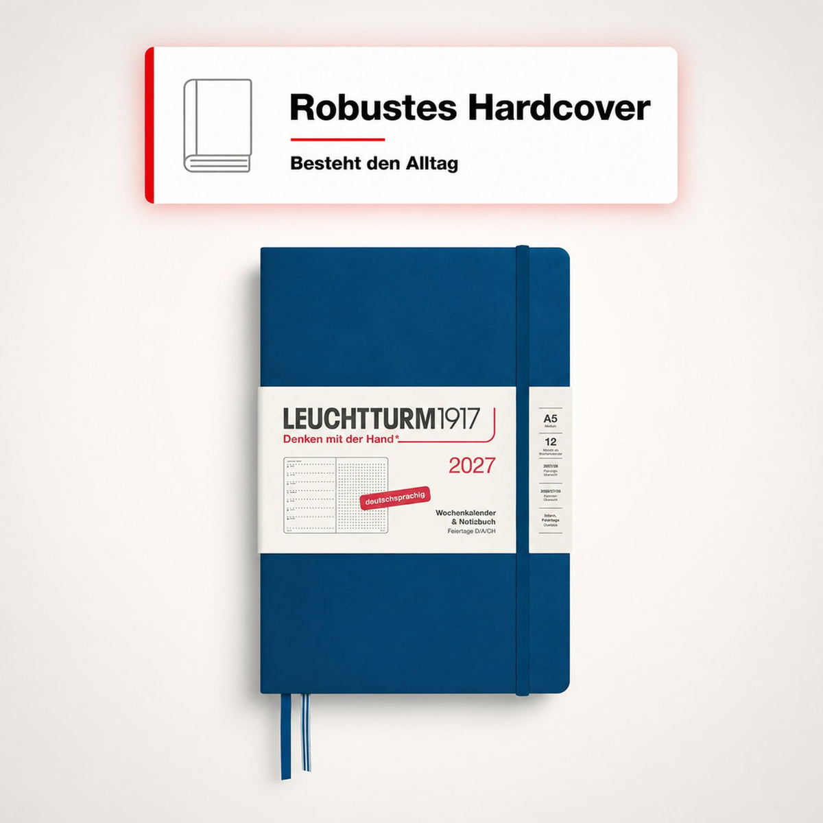 LEUCHTTURM1917 calendar săptămânal 2027 punctat mediu (A5) cu caiet - planificator de întâlniri germană, indigo, ianuarie-decembrie 2027, prezentare săptămânală în stânga + pagina de note în dreapta - 400096