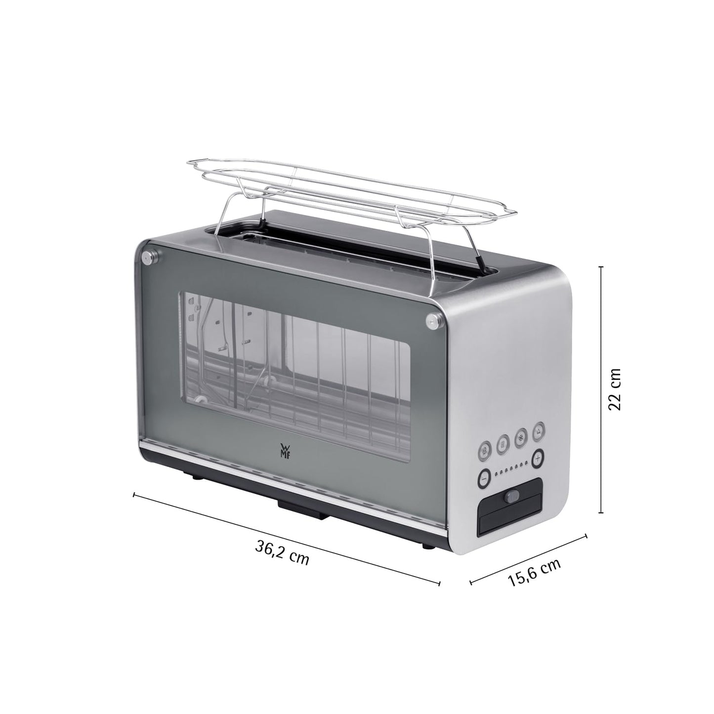 WMF Lono toaster glass with bread roll attachment, for 2 slices, XXL toast, warm-up function, 7 browning levels, matt stainless steel - 414140011