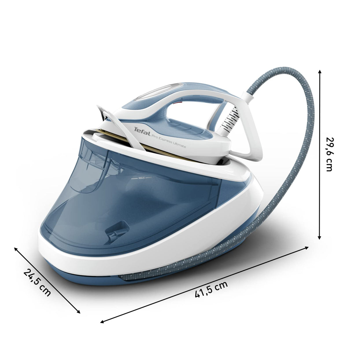 Tefal Pro Express Ultimate stație de călcat cu aburi, 7,6 Bar presiune a aburului, eliberare constantă a aburului: 155 g/min., impuls de abur: 580 g/min., fără setări, funcție de abur vertical, Alb/Albastru, GV9710