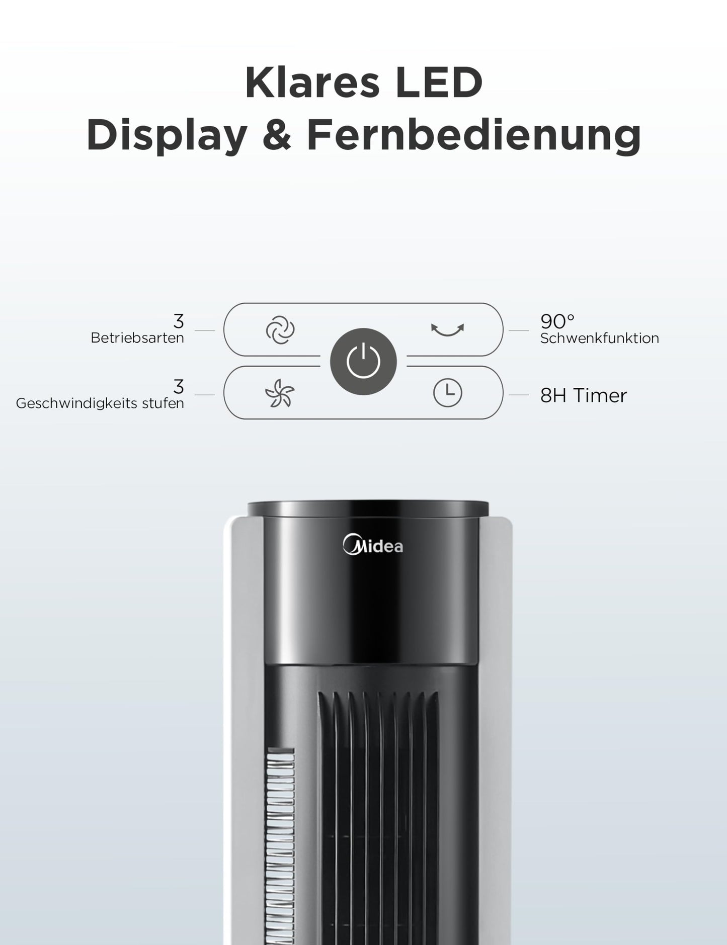 Midea FZ10-19BRA tower fan, robust copper motor, internal air supply, remote control, 7 hour timer, touch and control panel display, three modes and three speeds to choose from