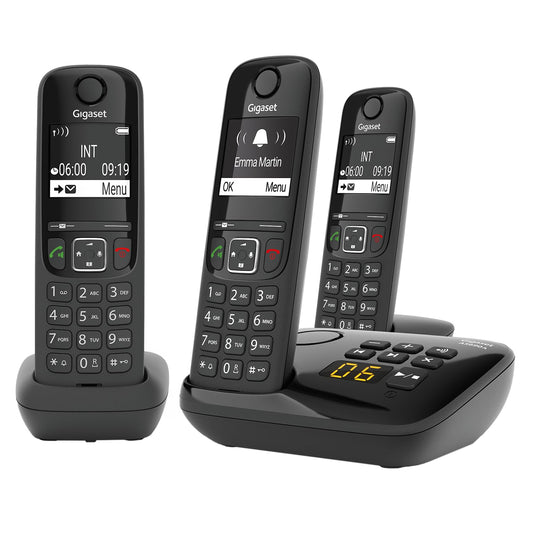 Gigaset AS690A Trio - 3 cordless DECT telephones with answering machine - high-contrast display - adjustable sound profiles - hands-free function - call protection, black [German version]
