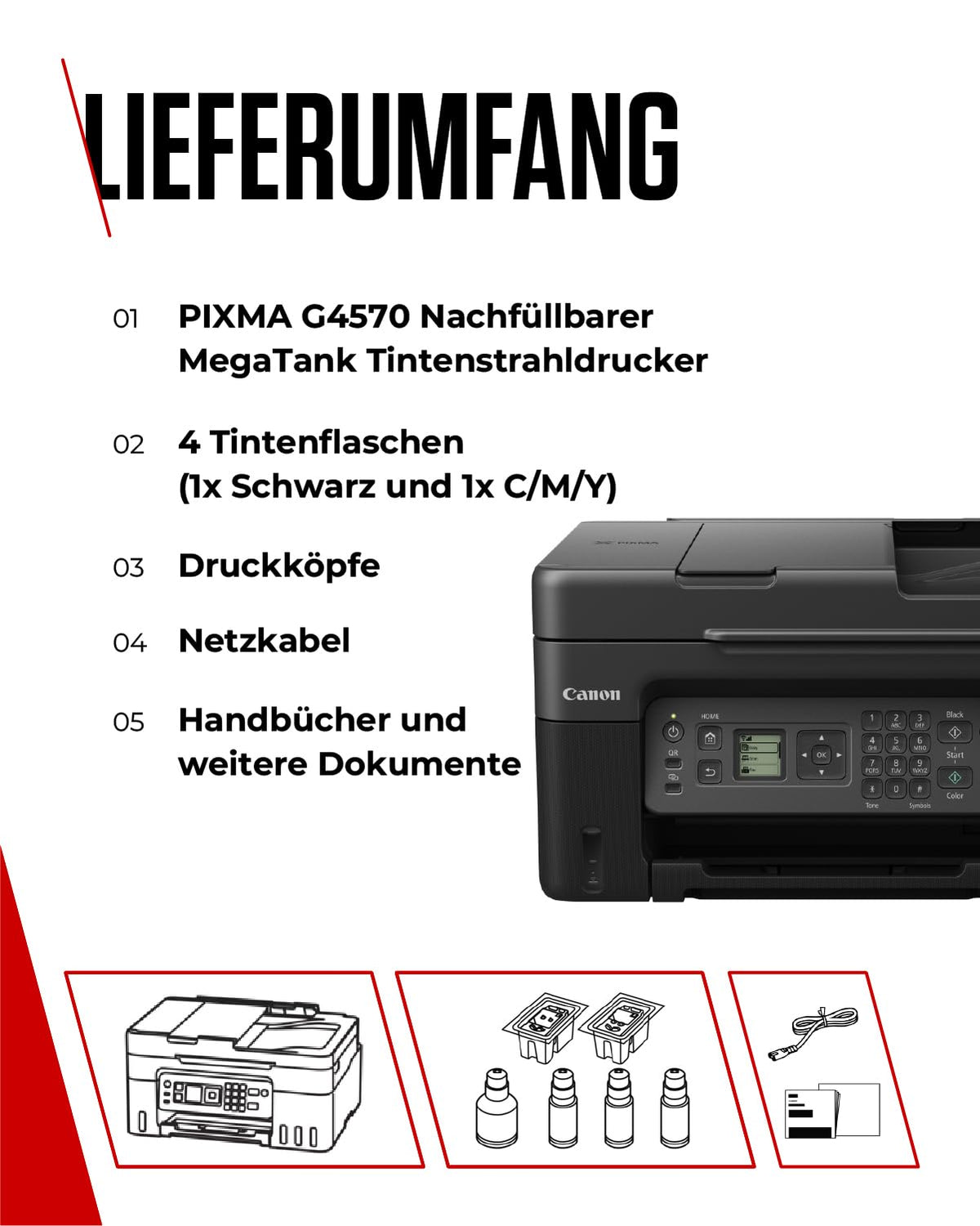 Canon PIXMA G4570 MegaTank 4-in-1 Multifunction Device A4 (Scanner, Copier, Printer, Fax, ADF, Color Inkjet Printer, USB, WiFi, Print App, Cloud, LCD Display), black/grey - 5807C006
