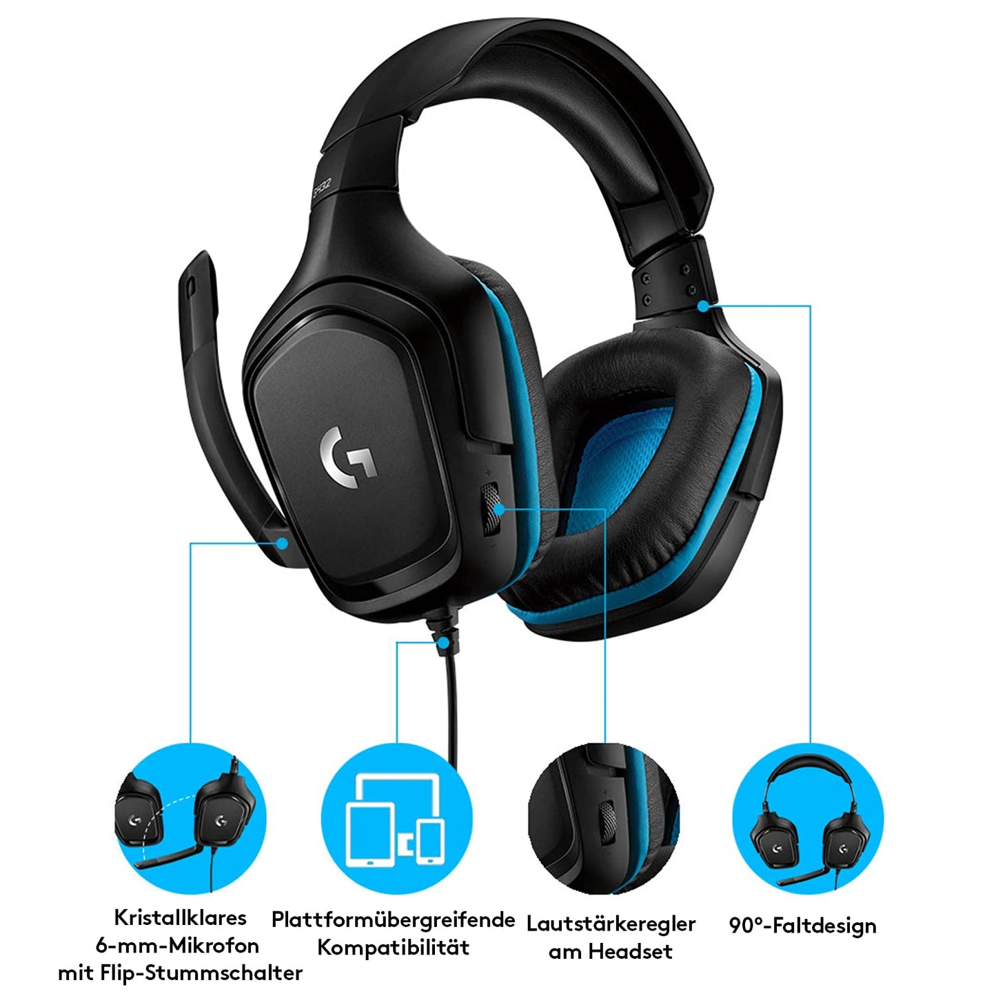 Logitech G432 Wired Gaming Headset, 7.1 Surround Sound, DTS Headphone:X 2.0, Boom Microphone with Flip Mute, Leatherette Ear Pads, PC/Mac/Xbox One/PS4/Nintendo Switch - Black - 981-000770