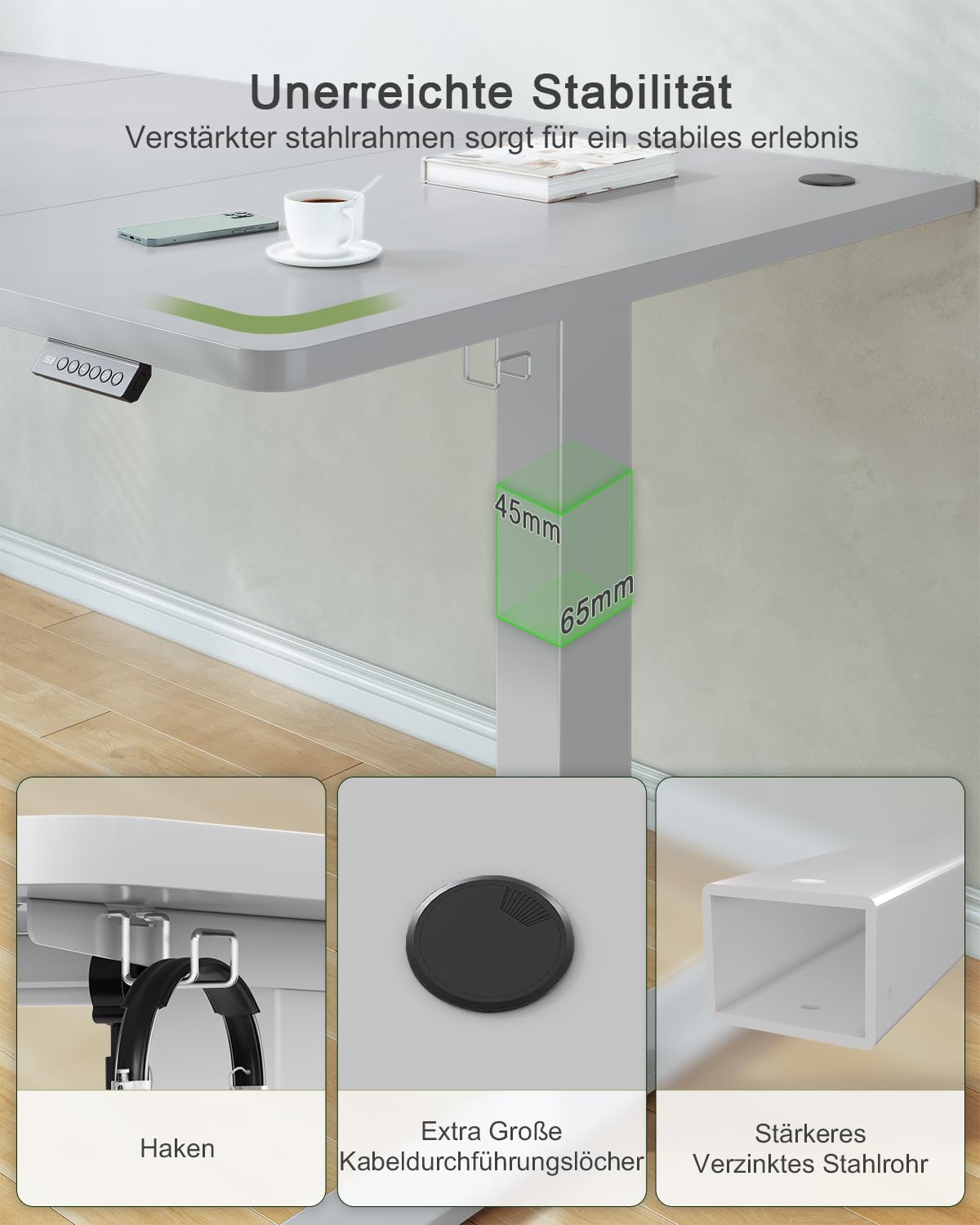 Birou JUMMICO reglabil pe înălțime cu port de încărcare USB, birou electric reglabil pe înălțime 120 x 60 cm, masă stand-sit, birou standing, masă de calculator reglabilă, birou standing, gri - 0403