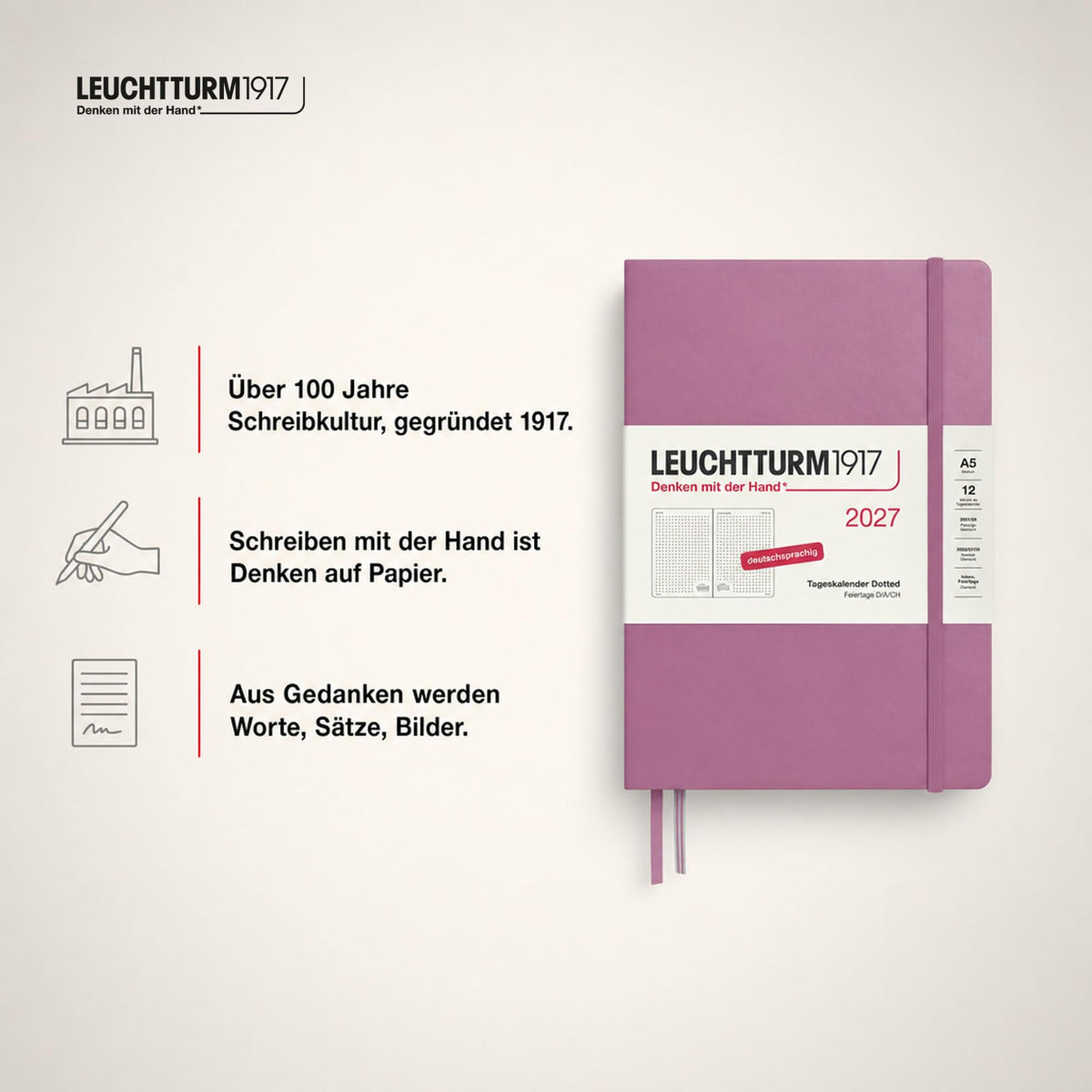LEUCHTTURM1917 Daily Calendar 2027 Dotted Medium (A5) - German, Dusty Rose, 145 x 210 mm, January-December (12 months), 1 page per day, hourly grid 7:00-22:00, hardcover, 80 g/m² paper - 400167
