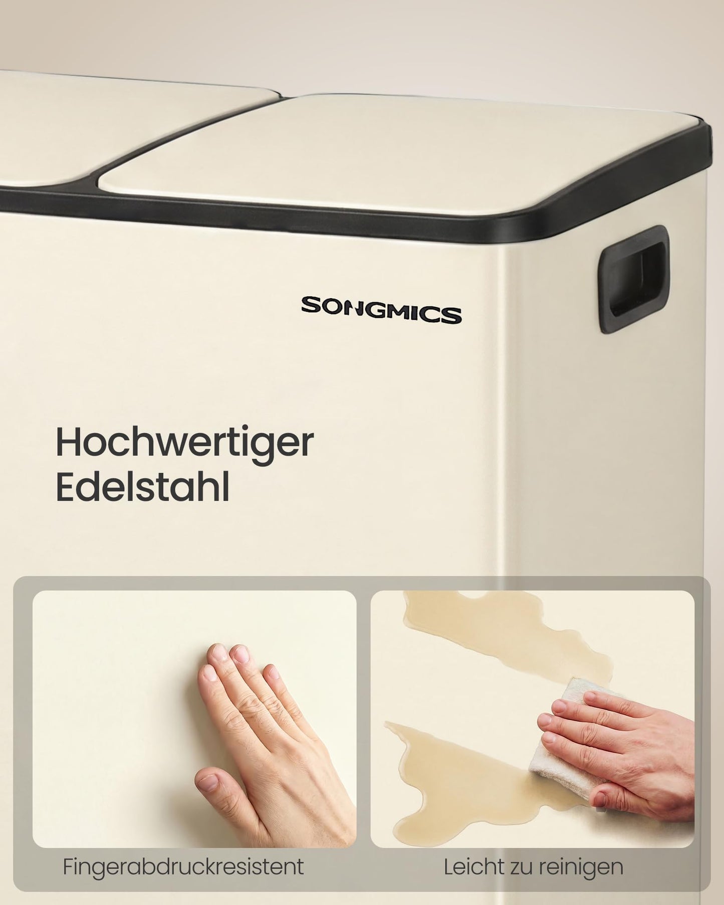 SONGMICS kitchen trash can, 2 x 30 liters, 2 compartments, trash can, pedal trash can, kitchen trash can with soft-close lid and inner bin, steel, including 15 trash bags, cream-colored LTB741AZ02