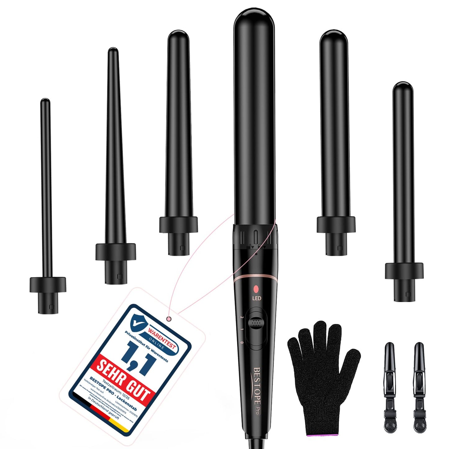 Curling iron large and small curls set - 6 in 1 with different attachments, anti-static ceramic tourmaline coating, wave iron for beach waves - L-F