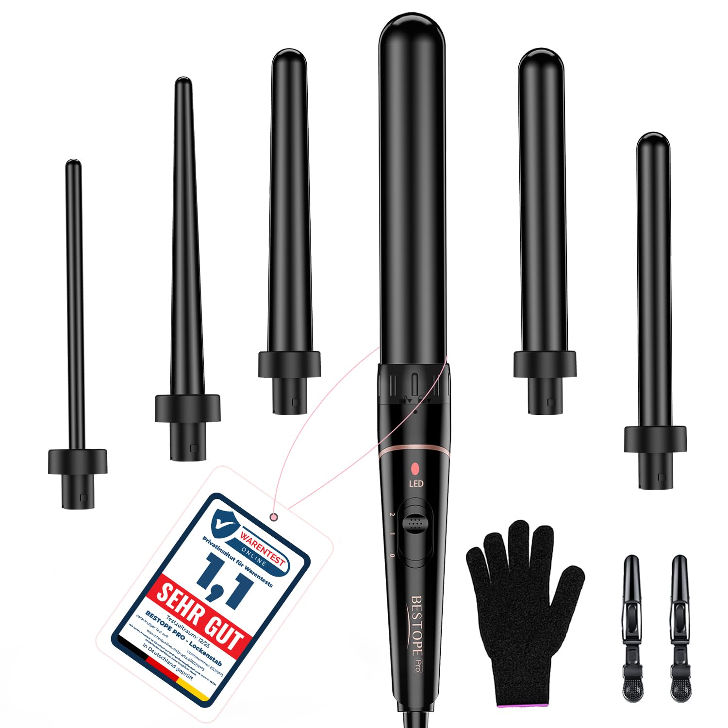 Curling iron large and small curls set - 6 in 1 with different attachments, anti-static ceramic tourmaline coating, wave iron for beach waves - L-F