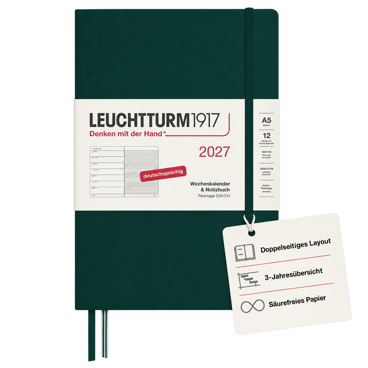 LEUCHTTURM1917 Calendar săptămânal 2027 Mediu (A5) cu caiet - Planificator de întâlniri german, verde pădure, ianuarie-decembrie 2027, Prezentare generală săptămânală în stânga + Pagina de note în dreapta - 400054