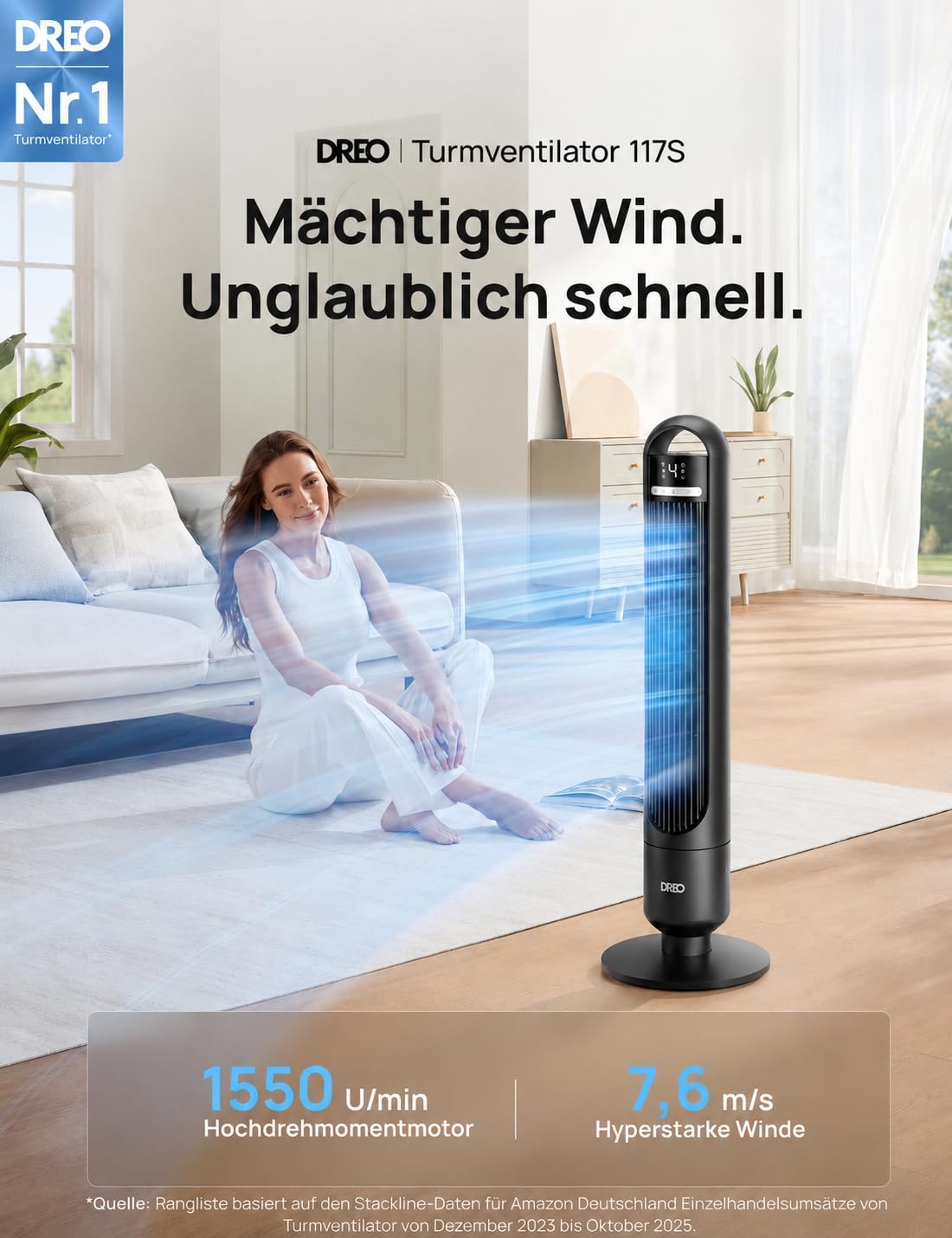 DREO Smart tower fan for the bedroom, quiet pedestal fan with 28 dB, air range up to 8.8 m, 4 levels & 3 modes, 8 hour timer, app, Alexa & Google, 90° oscillation, for home/office - DR-HTF017S