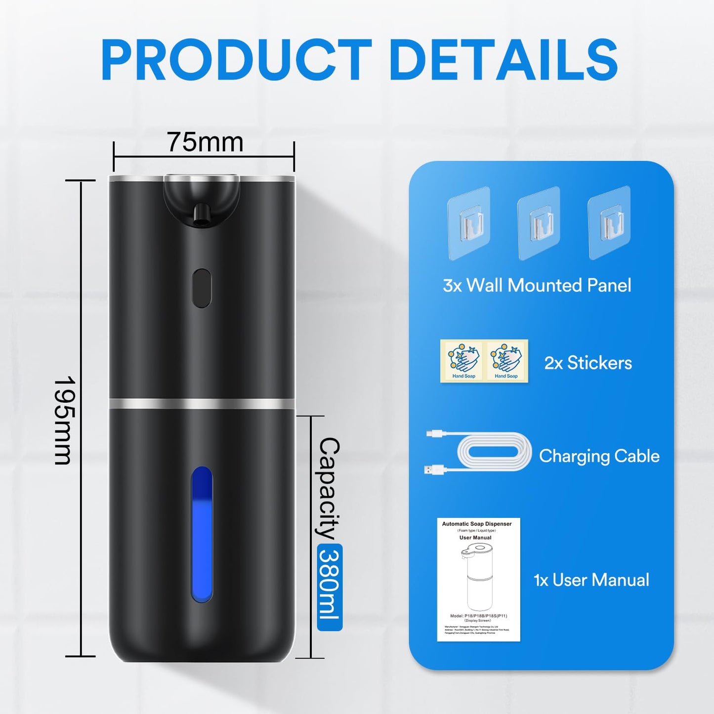 Soap dispenser automatic with digital display, 380 ml electric soap dispenser with sensor, wall mounting, contactless, USB rechargeable IPX5 waterproof for bathroom, kitchen - P18