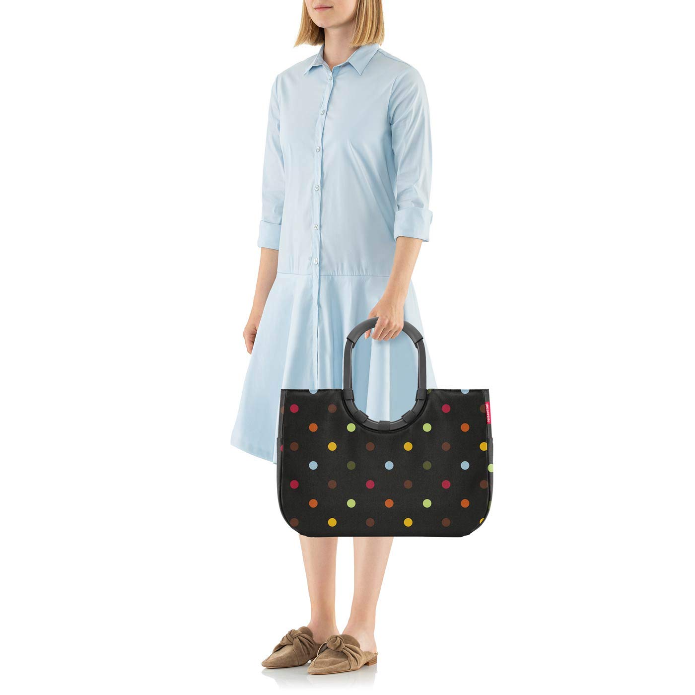 reisenthel loopshopper L in dots, black frame – sturdy bag with practical compartments made from recycled PET bottles – charming and water-repellent design - OR7056