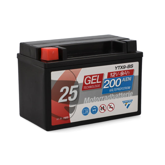 CARTEC motorcycle battery YTX9-BS, 9Ah, 200A, gel technology motorcycle starter battery, original equipment manufacturer quality, cycle-proof, storable, maintenance-free, black - 11073