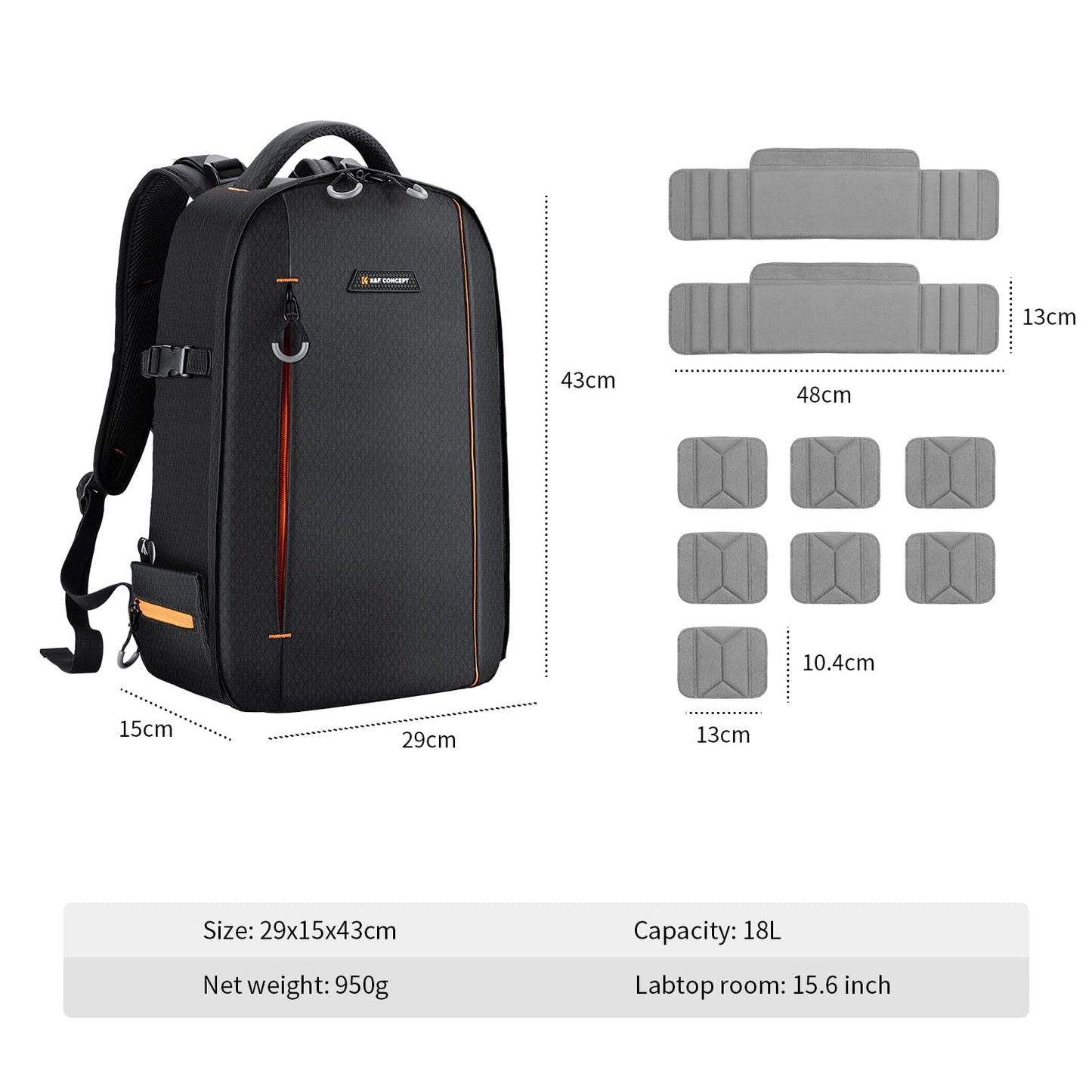 K&F CONCEPT Photo Backpack Waterproof Camera Bag Camera Backpack with Laptop Compartment Compatible with Canon Sony Nikon Olympus SLR/DSLR Camera, Lens and Accessories, Size M (Black+Orange) - KF13.140