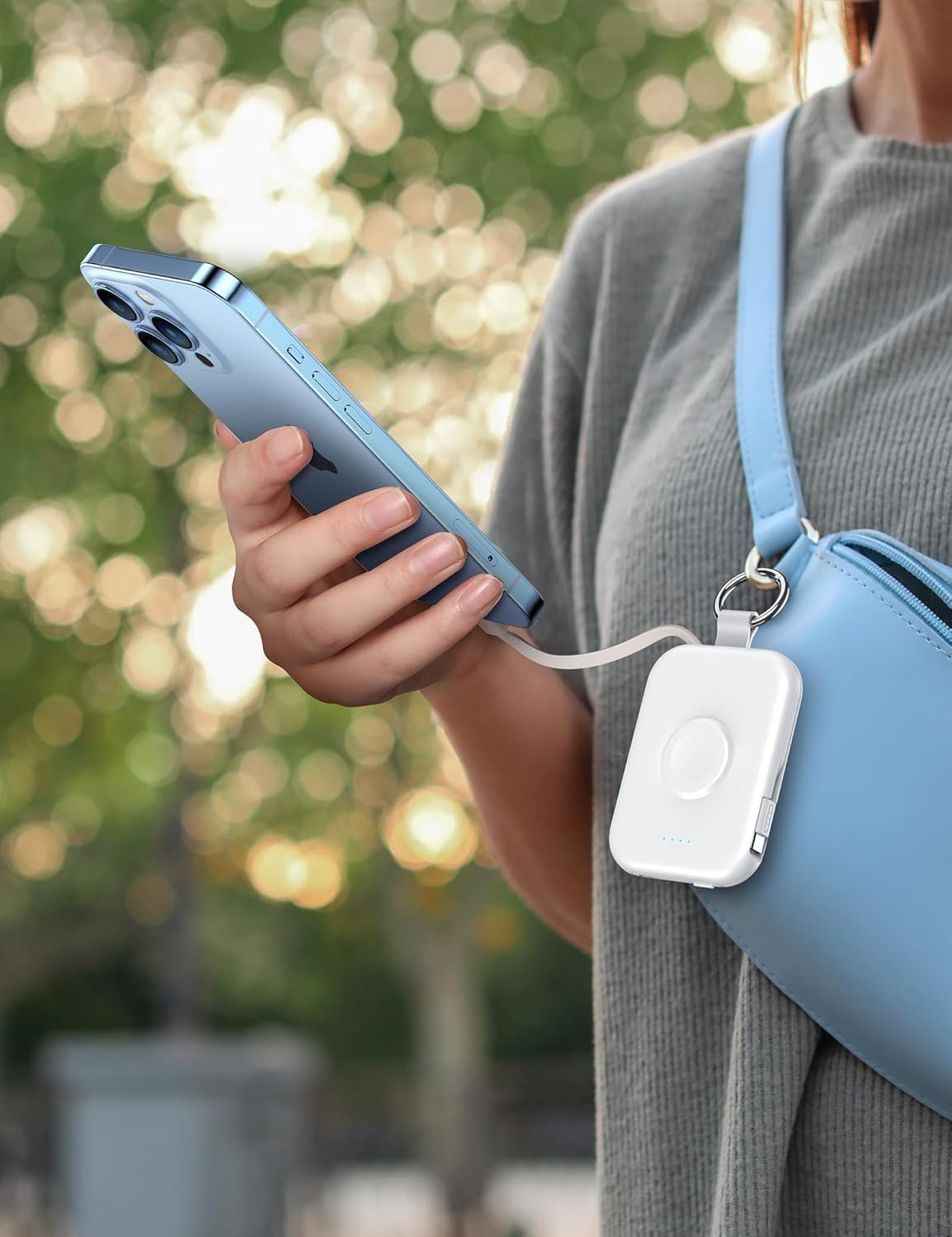 RORRY Power Bank, 5000mAh Power Bank with Integrated Cable, Travel Portable Charger Key Ring External Mobile Phone Batteries for iPhone 17/16/15/14/13/12, Apple Watch Ultra/11/10/9/8/7/6/SE, White - D2