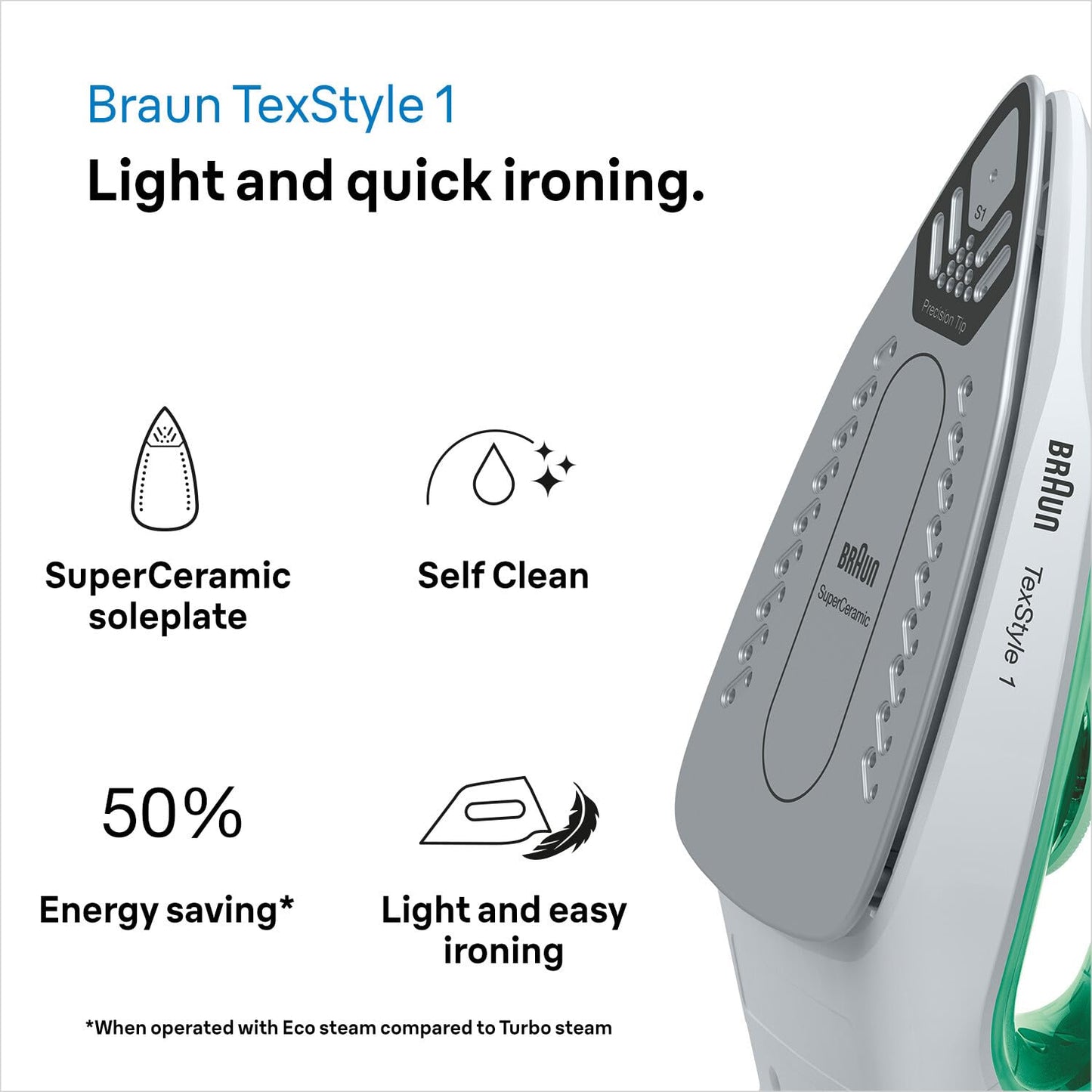 Braun TexStyle 1 steam iron SI 1040GR - iron with SuperCeramic soleplate, vertical steam, 2000 watts, green - SI1040GR