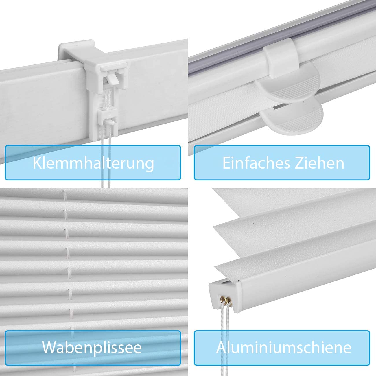 Sekey pleated blinds without drilling, window pleated blinds Klemmfix blinds 100 cm wide, tensioned opaque sun protection window blind, 100x150cm, white - 38B51009