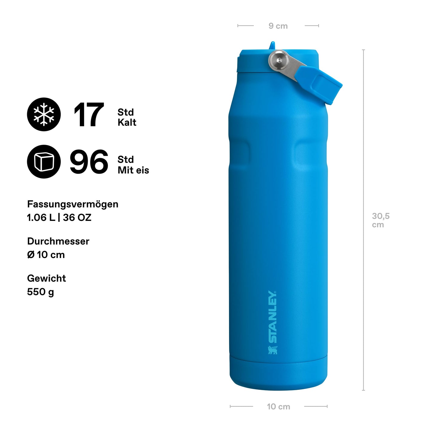 Stanley 1913 Flip Straw Drinking Bottle with Straw 1.06L - Thermal Mug Cools for 17 Hours - Ice Cold for 4 Days - BPA Free - Leakproof - For Cup Holders - Dishwasher Safe - Azure - 100000107945