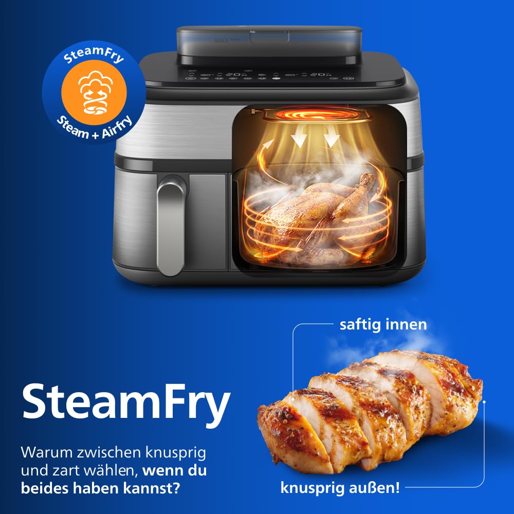 Philips Steam Airfryer 5000 Series Dual Basket Hot Air Fryer with Steam Function & 2 Baskets - Steam, Airfry, SteamFry, 9L (3L+6L), RapidAir Plus, Automatic Steam Cleaning (NA555/00)