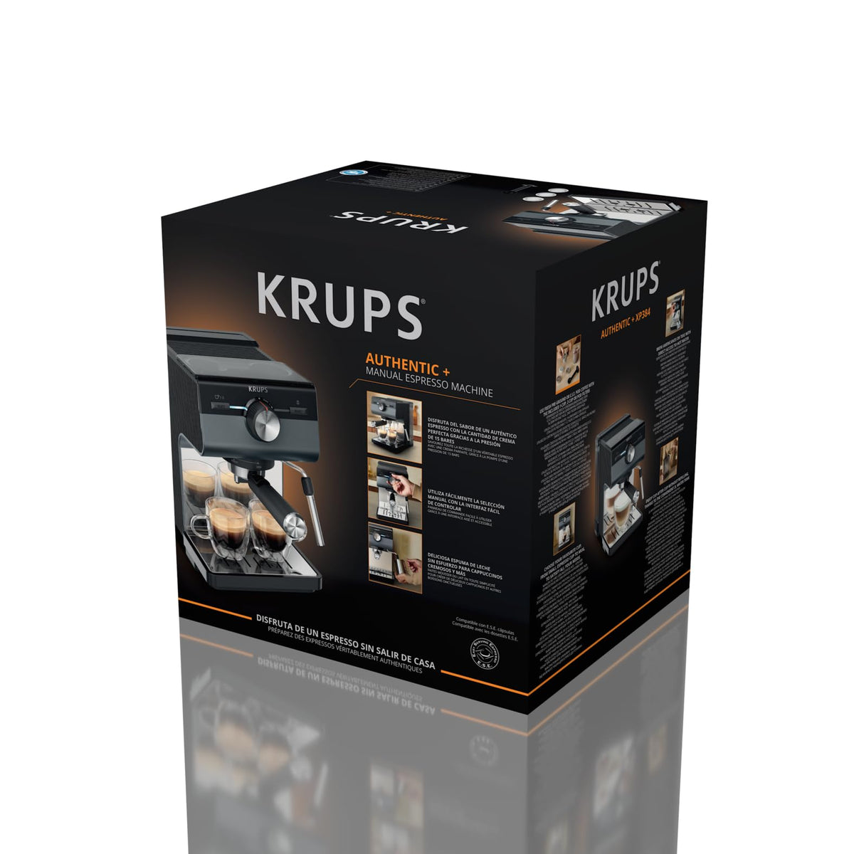 Krups Authentic+ Espresso Machine, 15 bar, intuitive operation, refined design, steam nozzle, including extensive accessories, Bullet Dark Silver/Stainless Steel, XP384G10