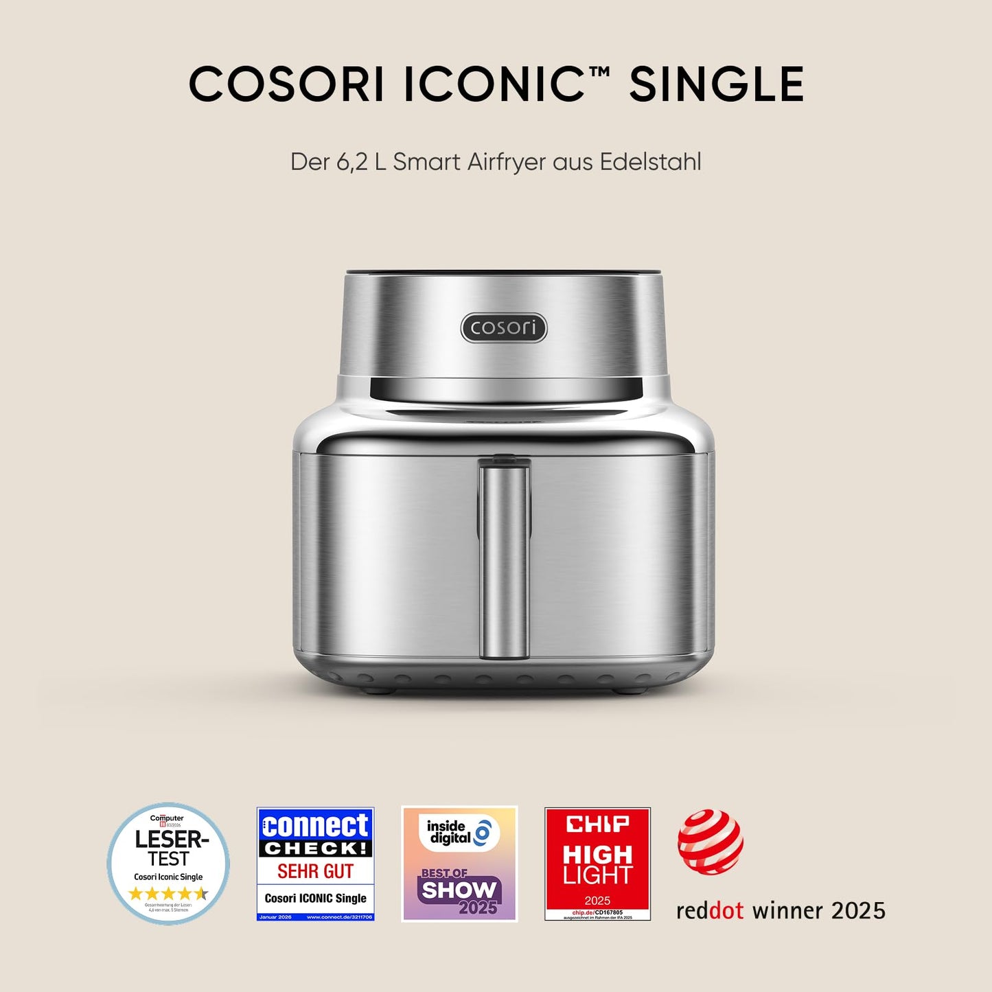 COSORI Airfryer | Iconic Single | 96% metal | Ceramic coating without PFAS and BPA | 7-in-1 6.2L hot air fryer | 61% energy saving | 50+ recipes | dishwasher safe | silver | SE601S - CAF-SE601S-CEU
