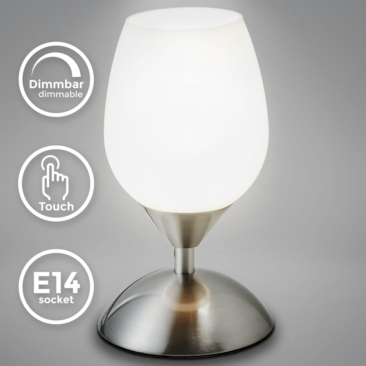 B.K.Licht - Nightstand lamp with touch control, dimmable, E14 socket, white tulip glass, table lamp, lamp, nightstand light, desk light, reading lamp, reading light, 10.8x19.5 cm, matte nickel-white - BKL1088