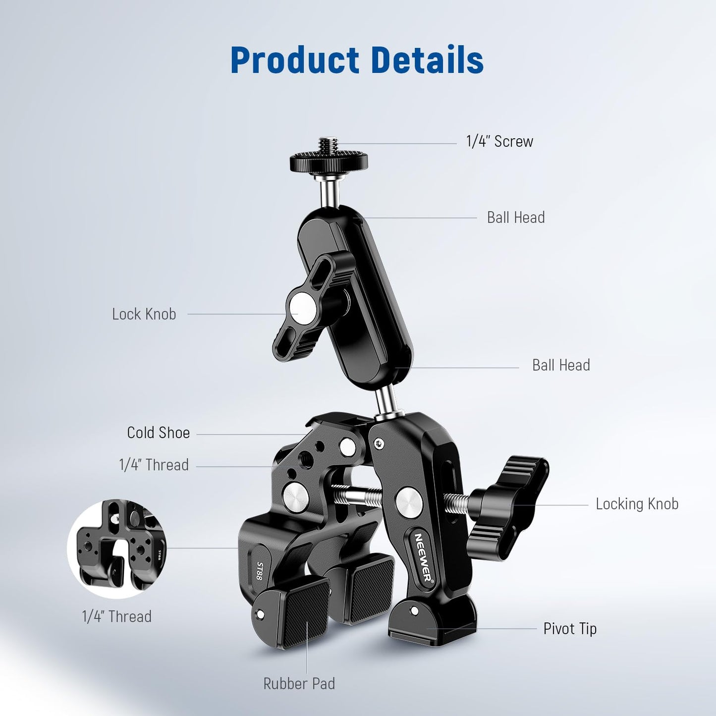 NEEWER Super Clamp with 3" Dual Ball Head Magic Arm, Camera Mobile Phone Holder with 1/4" 3/8" Thread Cold Shoe Mobile Phone Holder, Action Camera Adapter Compatible with GoPro DJI iPhone 16 15 Pro Max ST88 - 10105338