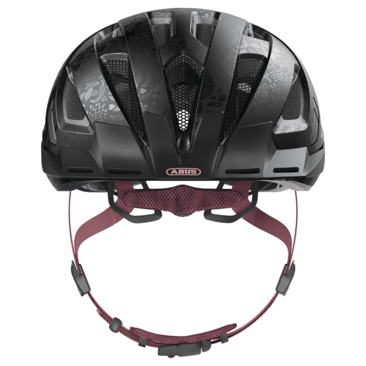 ABUS City Helmet Urban-I 3.0 - Bicycle Helmet with Rear Light, Peak and Magnetic Closure - for Men and Women - Black with Floral Pattern, M (52-58 cm) - 40191