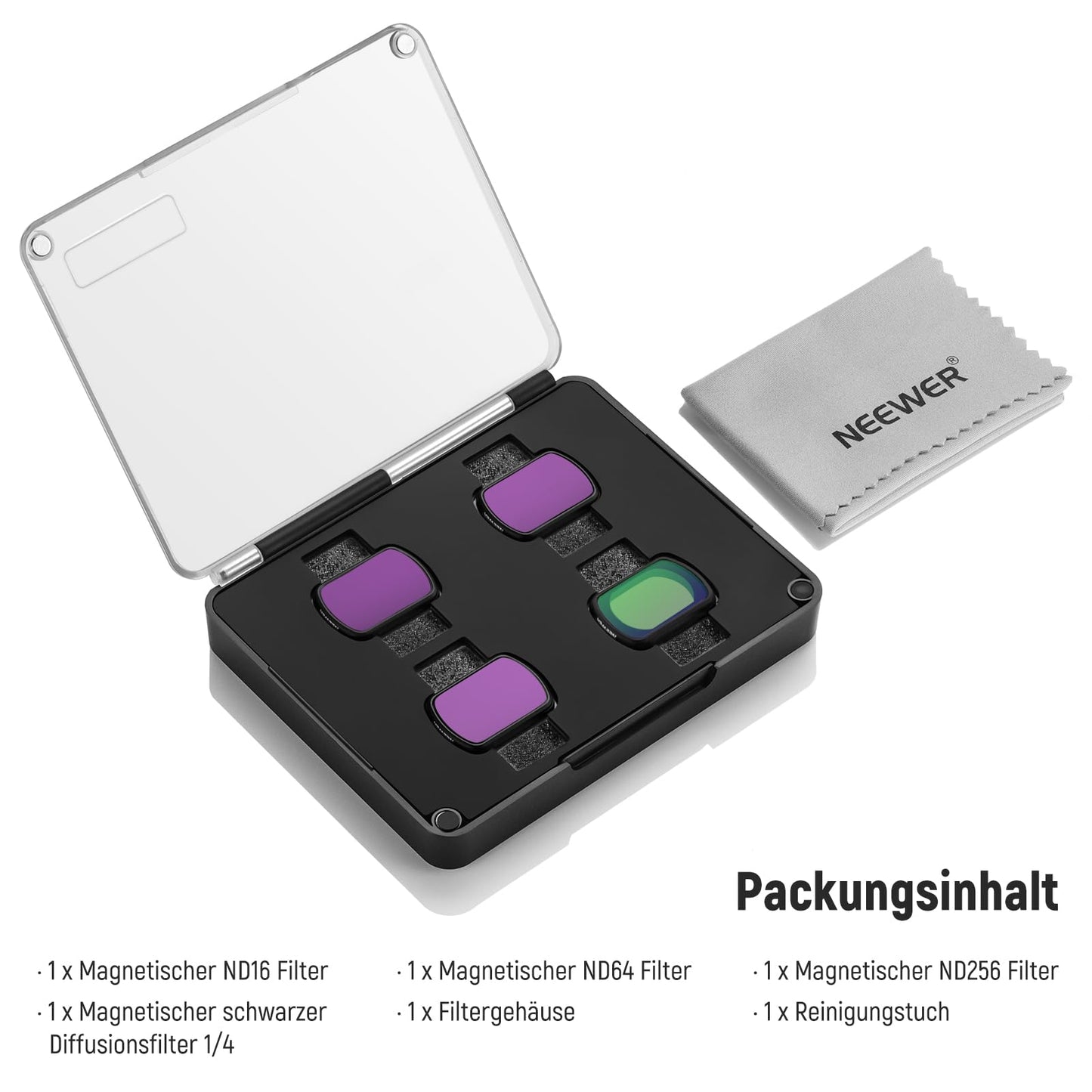 NEEWER filter set, compatible with DJI Osmo Pocket 3 / Pocket 4 / Xtra Muse, magnetic ND filters (ND16 + ND64 + ND256) and black diffusion filter 1/4 for a cinematic fog effect - FL-42