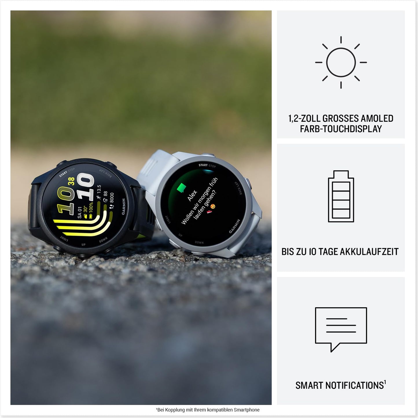 Garmin Forerunner 170 43mm - running smartwatch, 1.2" AMOLED touchscreen, up to 10 days battery life, training recommendations, health data, smart functions, 80+ sports apps, pay - 010-03920-01