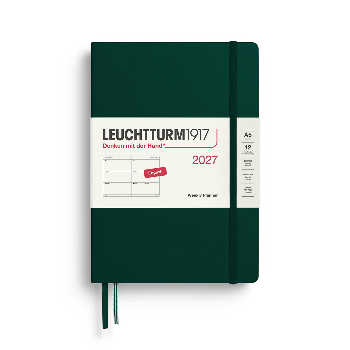 LEUCHTTURM1917 Calendar săptămânal 2027 Mediu (A5) - Engleză, Verde pădure, Hardcover, 12 luni - ianuarie-decembrie 2027, 1 săptămână pe pagină dublă, hârtie de 80 g/m² cu compatibilitate ridicată cu cerneală - 400273