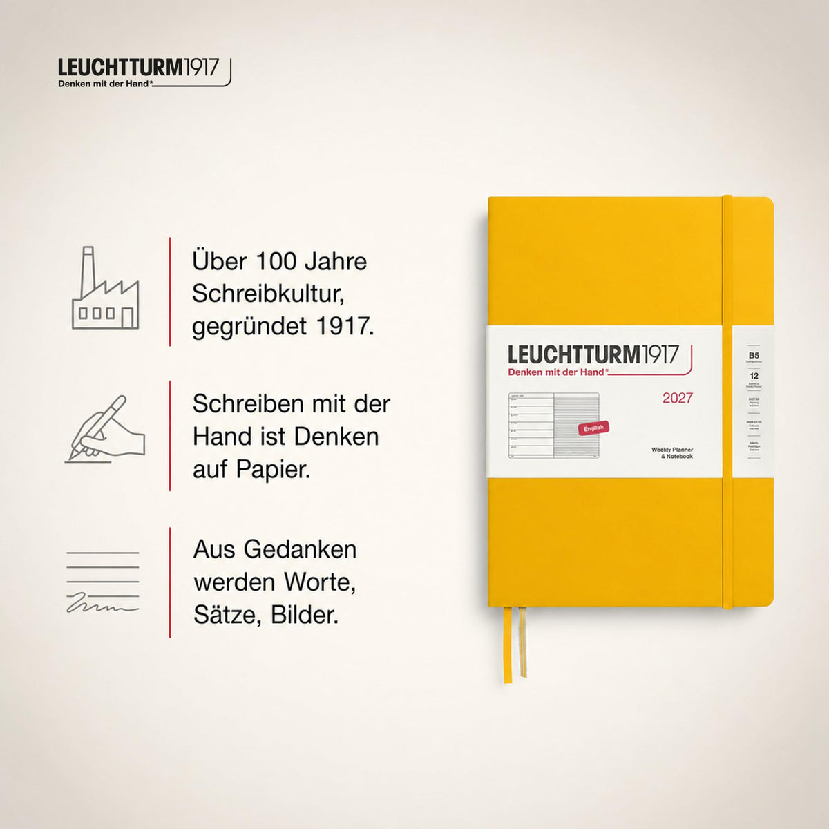 LEUCHTTURM1917 calendar săptămânal 2027 Compoziție (B5) cu caiet, cu linii - planificator de întâlniri engleză, floarea soarelui, copertă cartonată, 178 x 254 mm, ianuarie-decembrie 2027, prezentare săptămânală în stânga + pagina de note în dreapta -