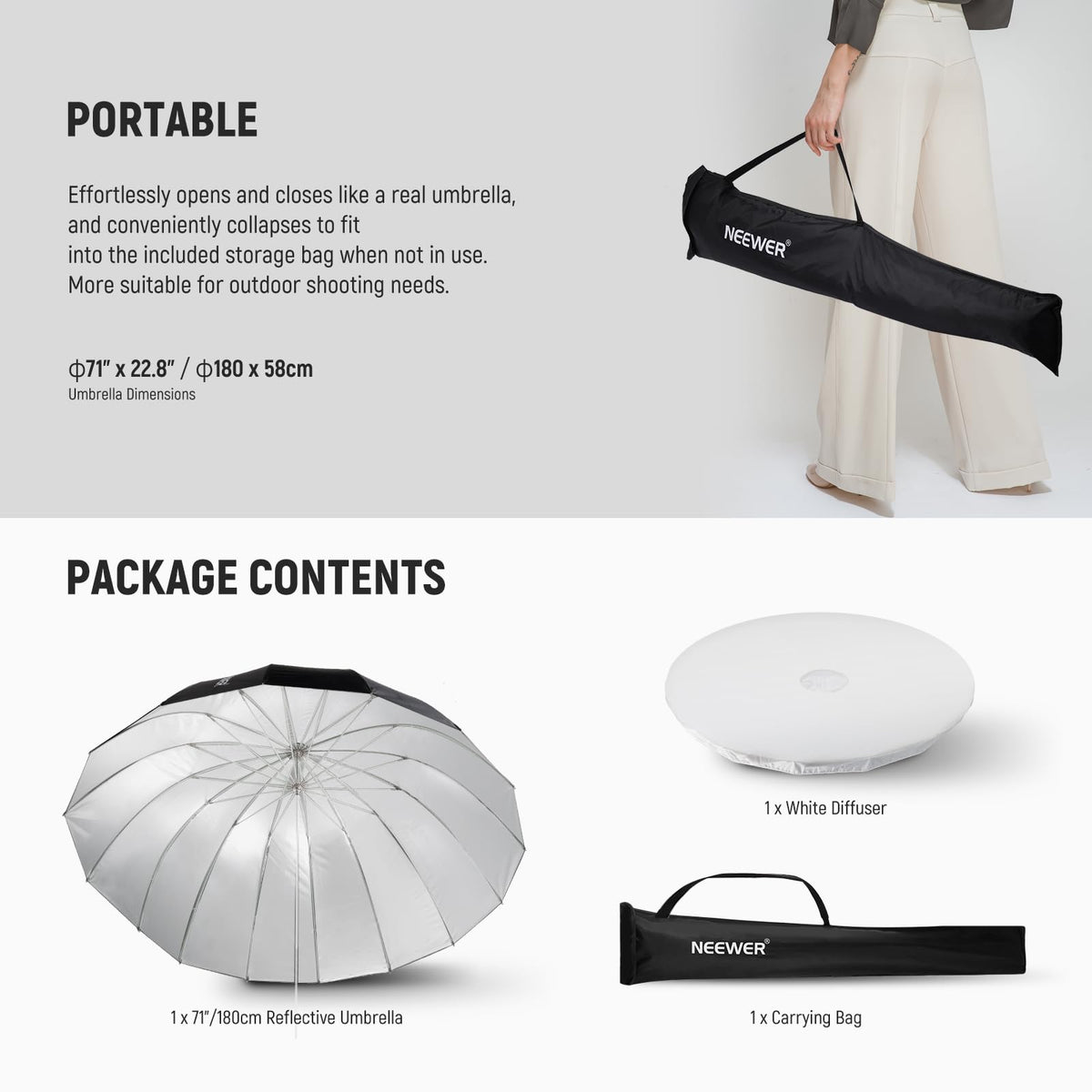 NEEWER Umbrelă parabolică reflectorizantă de 180 cm pentru fotografie, umbrelă de studio cu interior argintiu, iluminare moale cu capac de difuzie, geantă, pliabilă rapid pentru cameră, lumină video, NS4U - 10103475
