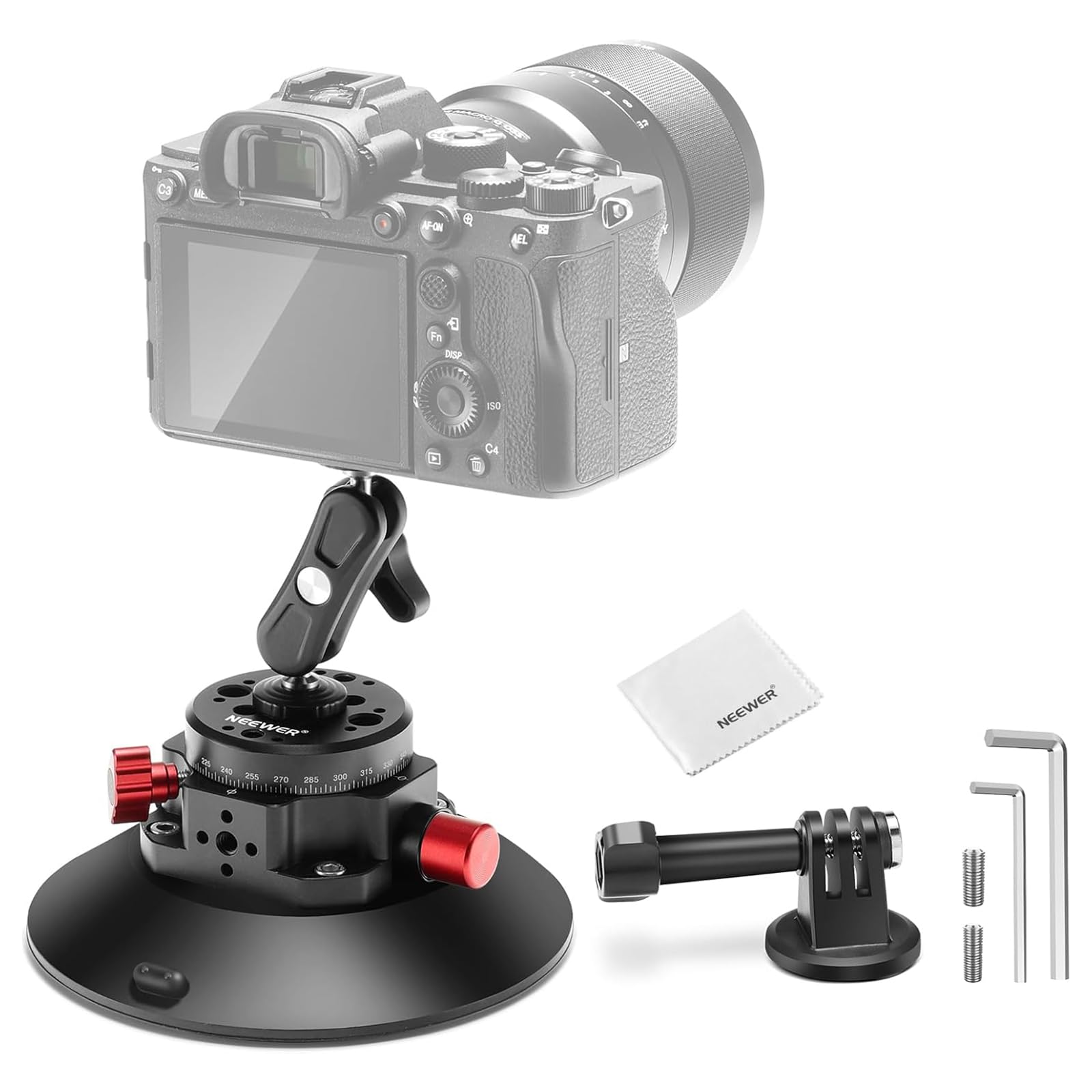 NEEWER 6" Suction Cup Camera Mount Compatible with GoPro Metal Ball Head for Windshield with Magic Arm and Action Cam Adapter Cleaning Cloth for DSLR Mobile Phone Holder for POV Recordings, CA013