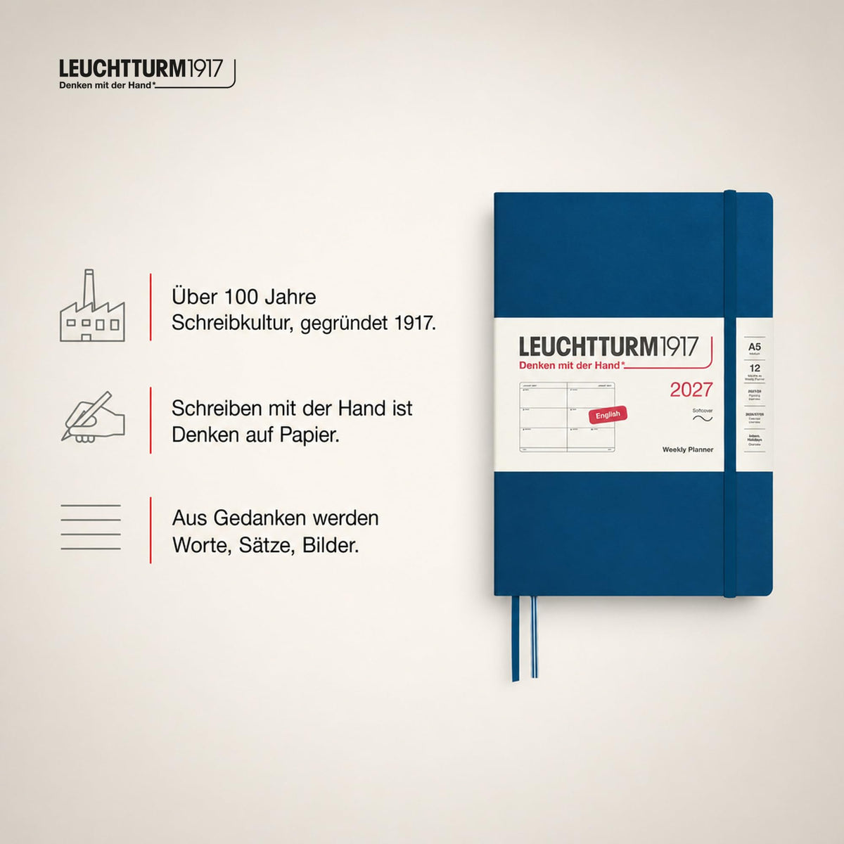 LEUCHTTURM1917 Calendar săptămânal 2027 Mediu (A5) - Engleză, Indigo, Coperți moale, 145 x 210 mm, 12 luni - ianuarie-decembrie 2027, 1 săptămână pe pagină dublă, hârtie de 80 g/m² cu compatibilitate ridicată cu cerneală - 400299