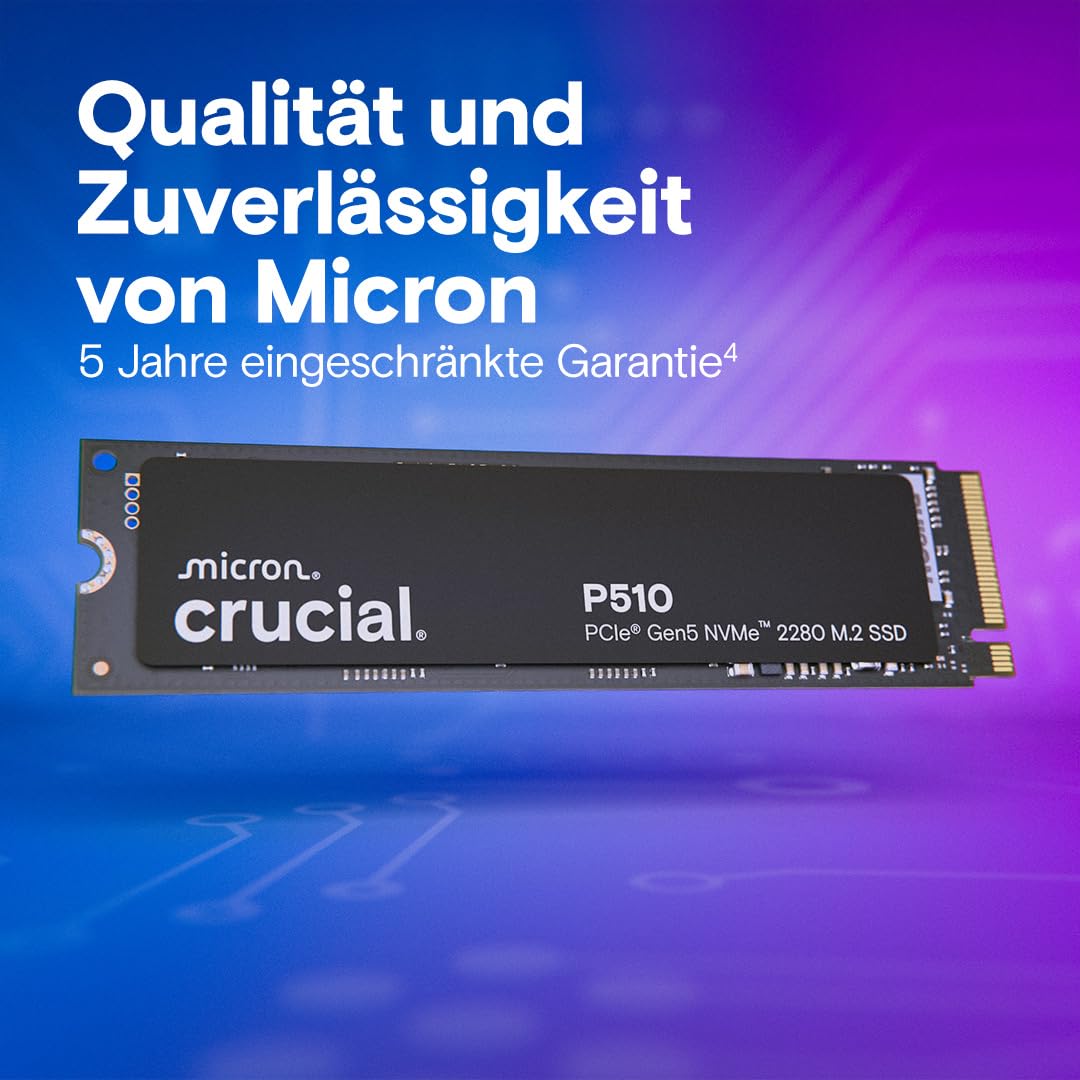 Crucial P510 SSD 1TB M.2 NVMe PCIe 5.0 x4 Gen5, up to 11,000 MB/s read, 9,500 MB/s write, for laptop and desktop PC, TLC NAND, internal hard drive - CT1000P510SSD8-01