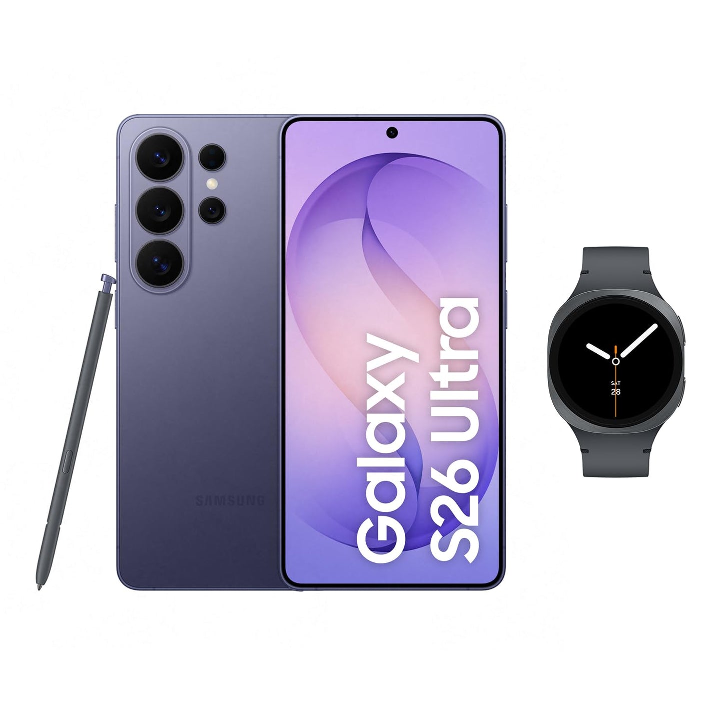 Samsung Galaxy S26 Ultra AI smartphone with Galaxy AI, no contract, Android, privacy display, 12 GB RAM, 256 GB storage, Cobalt Violet, 3 year manufacturer's warranty, incl. Galaxy Watch8 40mm Black - F-MS948BLBGAMZ