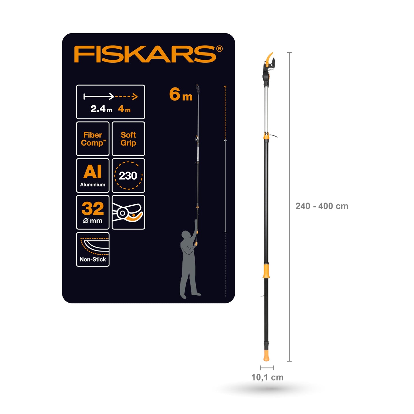 Fiskars Bypass Telescopic Cutting Giraffe for Fresh Branches and Twigs, Non-Stick Coating, Steel Blade/Aluminum Handle, Length 2.4-4m, Black/Orange, UPX86, 1023624
