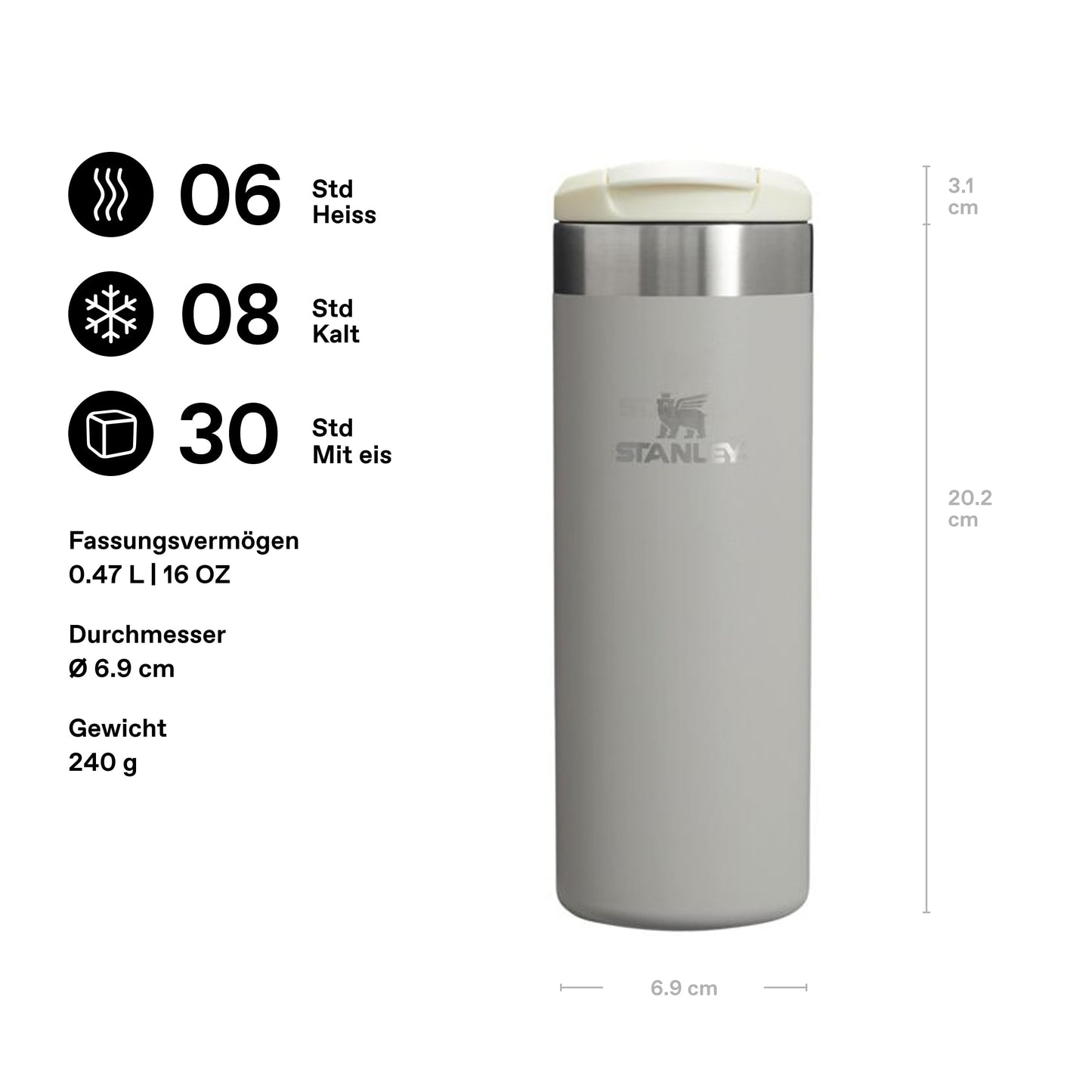 Stanley 1913 Aerolight Transit Thermo Mug 0.47L - Keeps Hot for 6 Hours - Dishwasher Safe - Coffee Mug To Go Leak-Proof - Compatible with Common Car Drink Holders - Thermos Flask - Ash - 10-10787-216