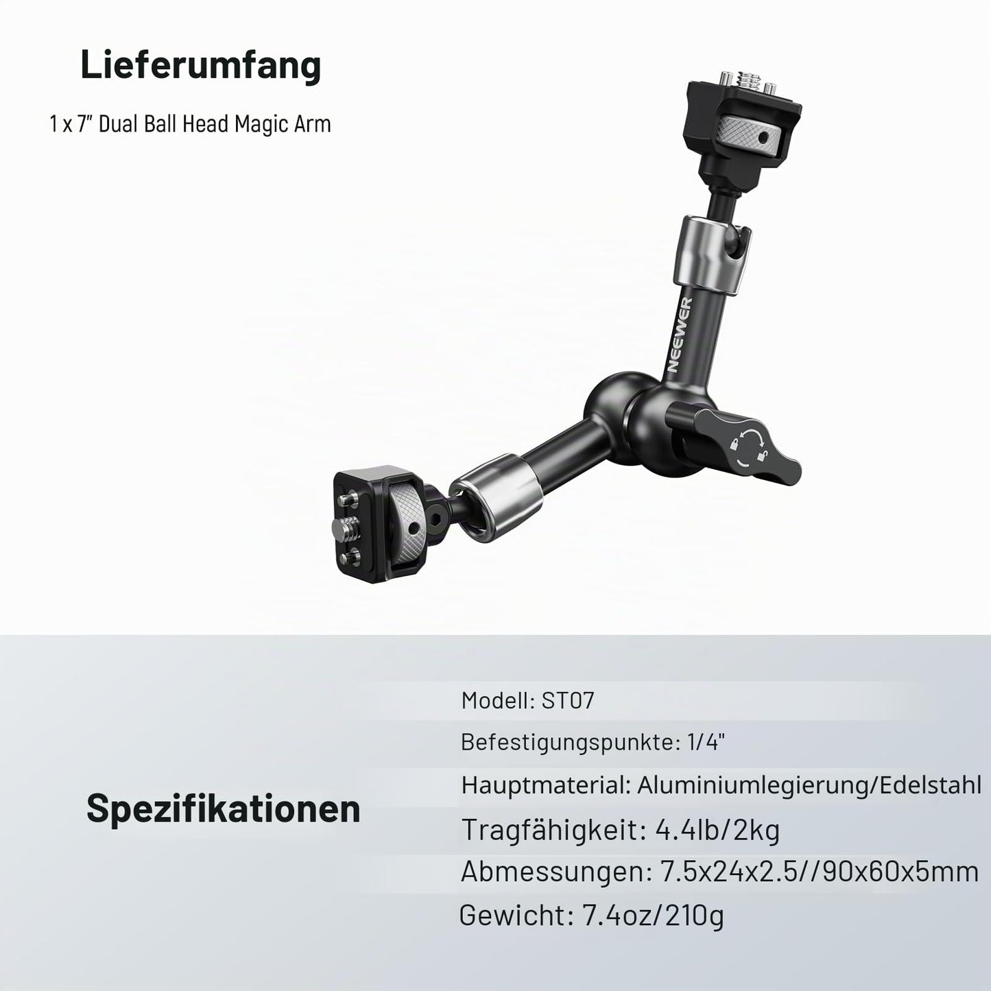 NEEWER 7" joint magic arm, 360° ball heads positioning pins for camera monitor mount with 1/4" screws for DSLR action camera monitor video light compatible with SmallRig Cage Rig ST07