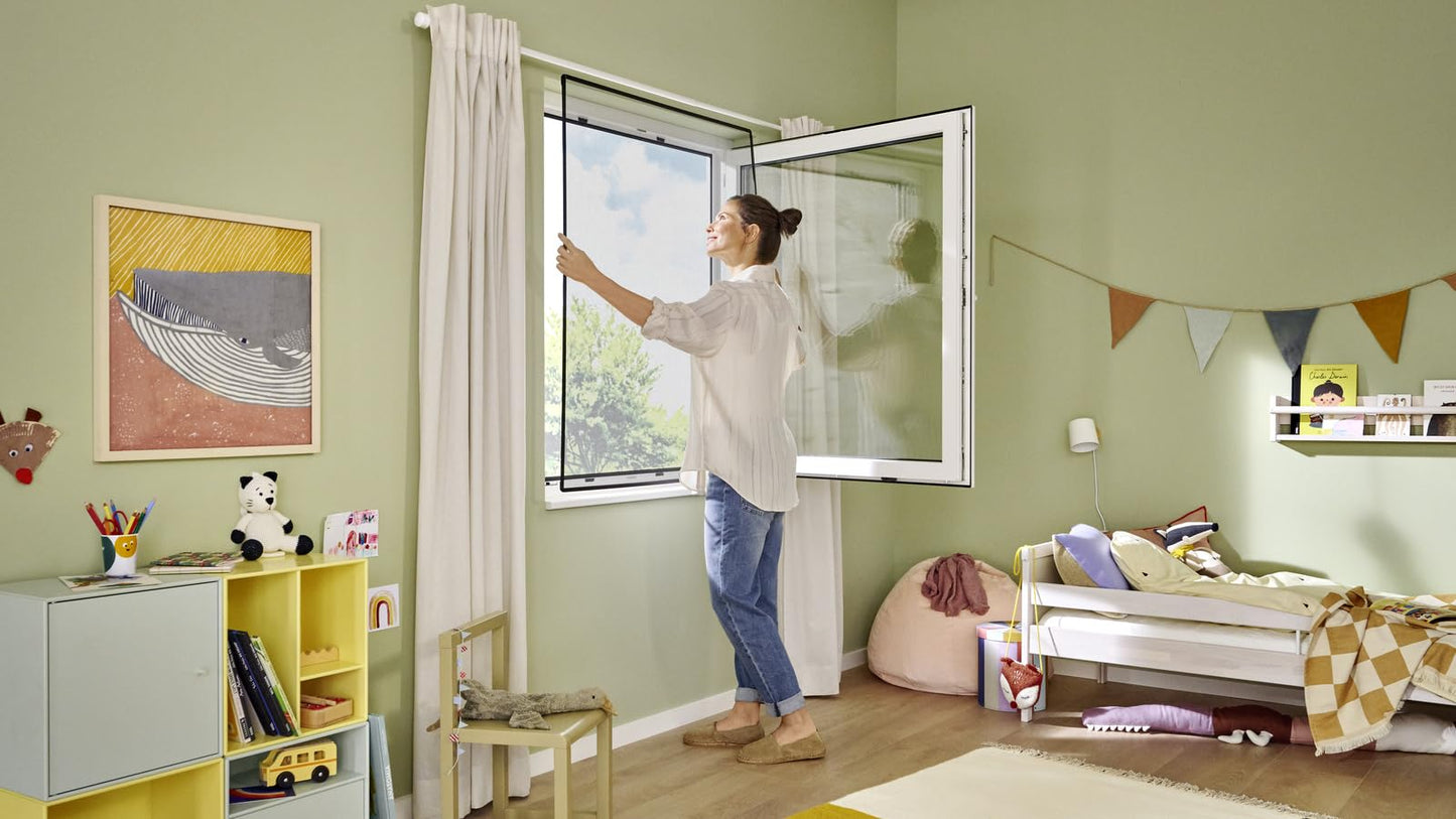 tesa Insect Stop clip-on frame fly screen for windows - for PVC windows - cuttable frame, fiberglass net, self-adhesive holding clips - 1.0 x 1.2 m - anthracite (clear) - 55360-00000-00