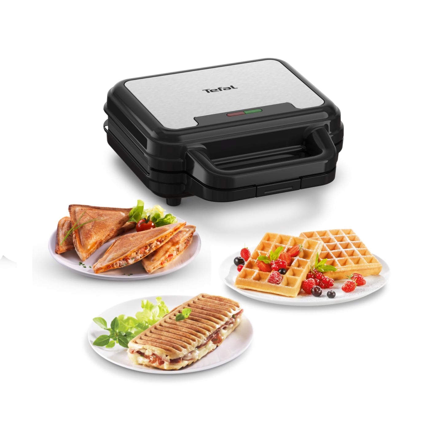 Tefal Ultracompact 3-in-1 sandwich waffle panini combination device, non-stick coating, heat-insulated handle, stainless steel/black, SW383D10