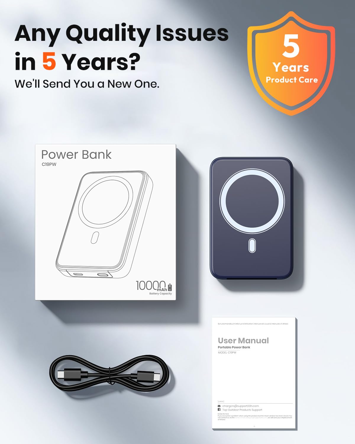 A ADDTOP Magnetic Power Bank 10000mAh- 20W Schnelllade iPhone Ladegerät for Magnetisch, UltraSlim Wireless Portable Charger with USB-C In&Out, LED Display Akku-Pack für iPhone 17/16/15/14/13/12 Blau - C19PW