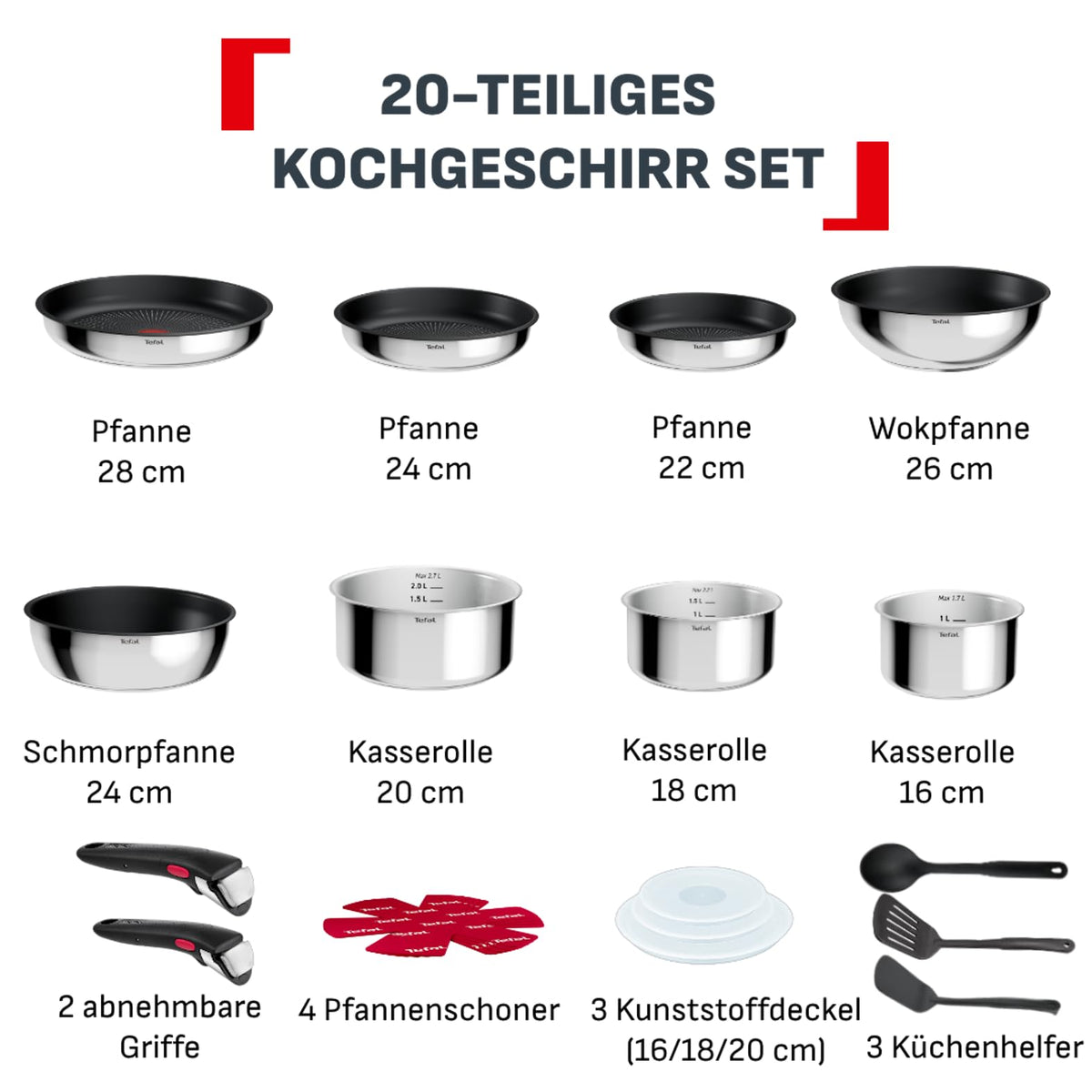 Set de vase de gătit Tefal Ingenio Comfort Max 20 piese, stivuibil, economisind spațiu - L966SK44