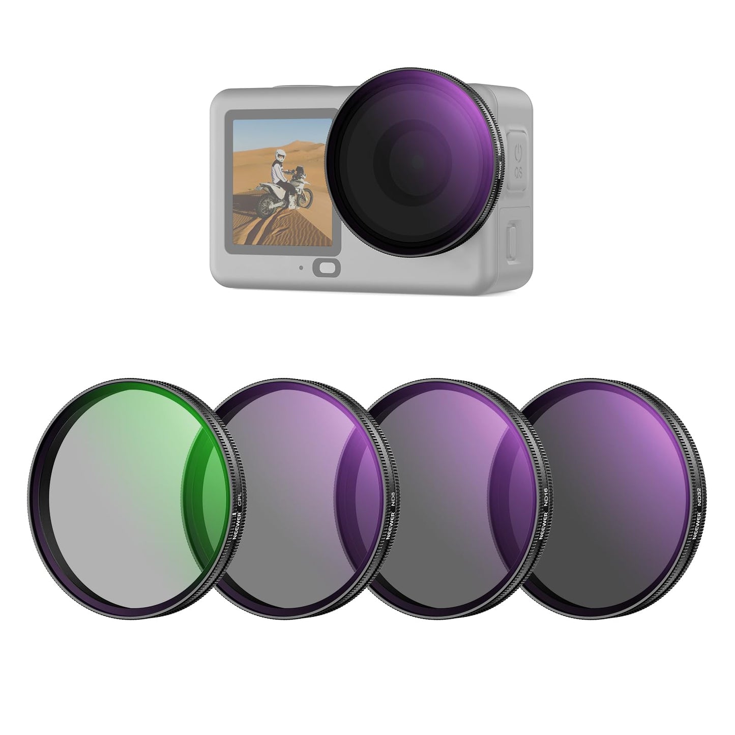NEEWER CPL + ND Filter Set Compatible with DJI Osmo Action 6 only, Pack of 4 ND8/16/32 Adjustable Circular Polarizing Filter Gray Filter, Snap On Multi-Coated HD Action Cam Photography Accessories FL-B1