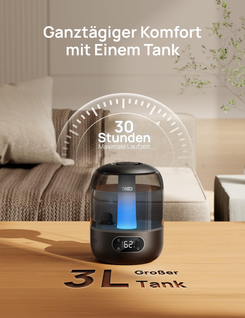 Dreo Bedroom Humidifier, 30 Hour Cold Mist Ultrasonic Humidifier, 3L Top Fill Tank, Humidity Sensor, Night Light for Baby, Nursery, Plants and Home - DR-HHM006