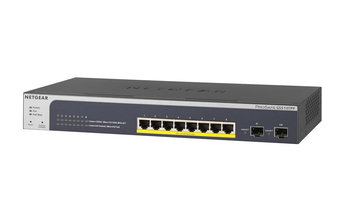 NETGEAR GS510TPP Switch LAN Gigabit cu 10 porturi PoE Smart (Switch de rețea gestionat cu 8X PoE+ 190W, 2X 1G-SFP, montare pe birou sau rack de 19 inci, garanție pe viață ProSAFE) - GS510TPP-100EUS