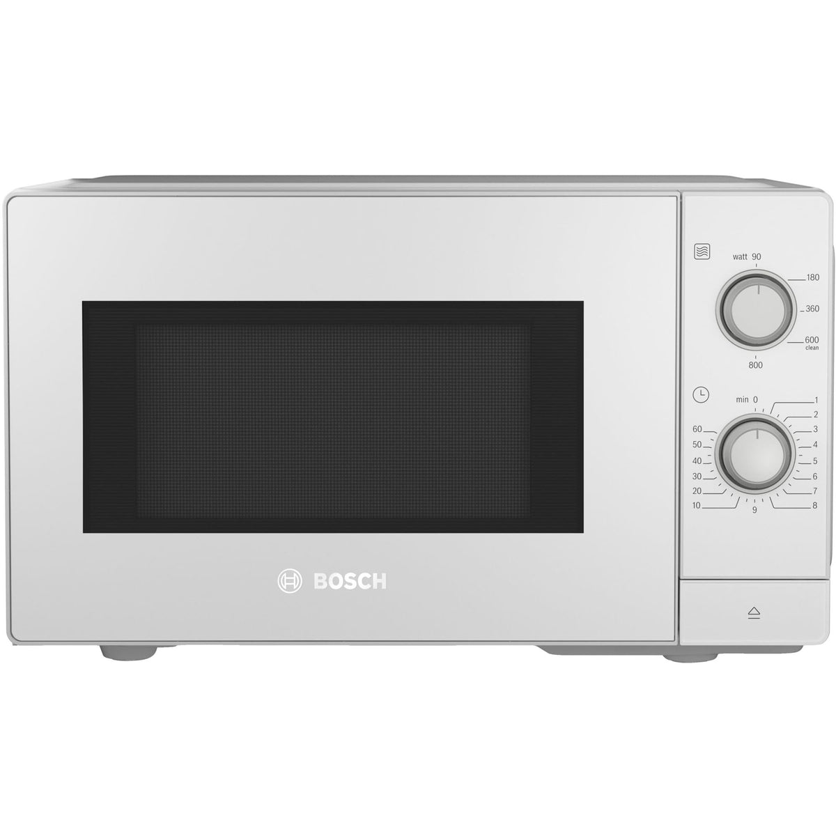 Bosch FFL020MW0 Serie 2 freestanding microwave, 26 x 44 cm, 800 W, turntable 27 cm, left door hinge, AutoPilot 7 with 7 automatic programs, cleaning assistance, LED touch display, white.